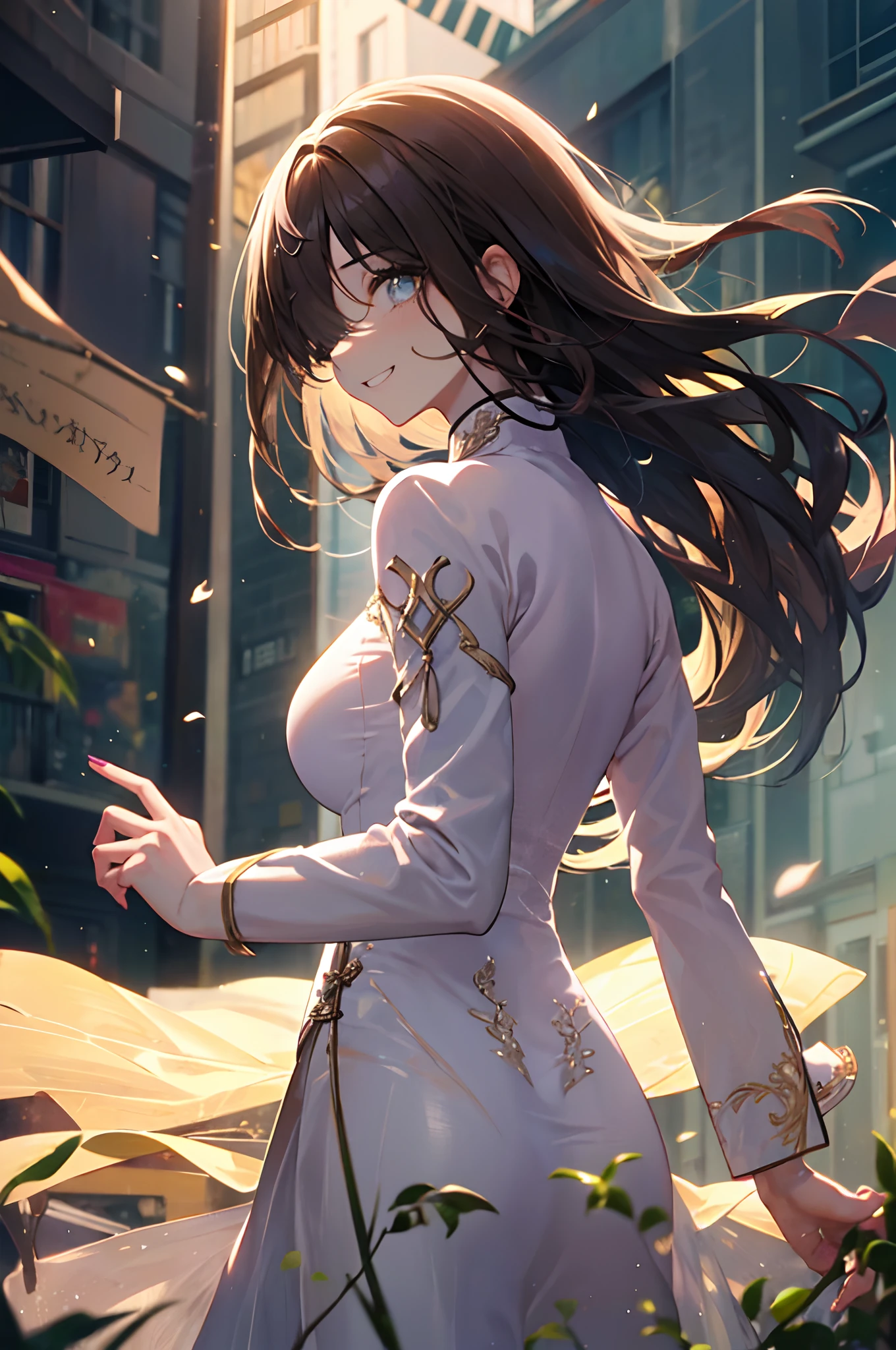 full body, Transcendently Beautiful Girl, (masterpiece face, masterpiece eyes:1.5), BREAK, (long hair, hair over one eye, straight heavy hair, brown hair:1.3), BREAK, Flat_Chest, Huge_breasts, wide_lower back, grin, long eyelashes, makeup, BREAK, (Five Fingers, 4fingers and 1thumb), (plain white ao dai:1.5), side focus, standing, outdoor, daytime, garden, no wind, (from below, from behind:1.3), Masterpiece, best quality, captures a super cute moment, depth of field, ultra detailed, ultra high resolution, C4D, Octadale, 3D modeling, 8k, 16k,