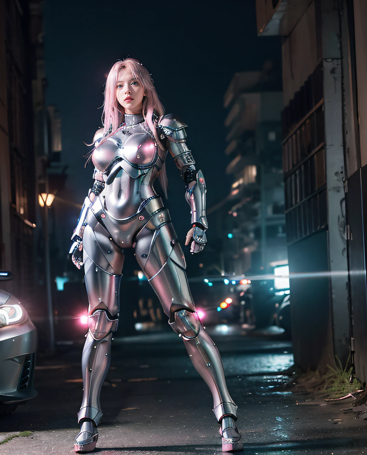 1girl, (Blue Eyes), happy face, (Sana Minatozaki), wide hips, Big Boobs, big ass, (Best Quality, 8k, Masterpiece: 1.3), Clear Focus: 1.2, Perfect Body Beauty: 1.4, Slender Abs: 1.2, Highly detailed face and skin texture, detailed eyes, double eyelids, red lips, (blonde long hair), (pink and silver full body cybersuit full combat armor, futuristic combat armor, cybernetic full armor :1.3), (hands on the hips), (in a burning city :1.2), ruins, at night