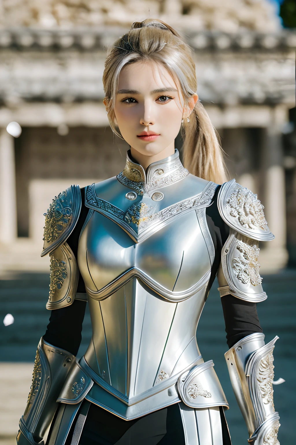 A close up of a woman in armor posing for a picture - SeaArt AI