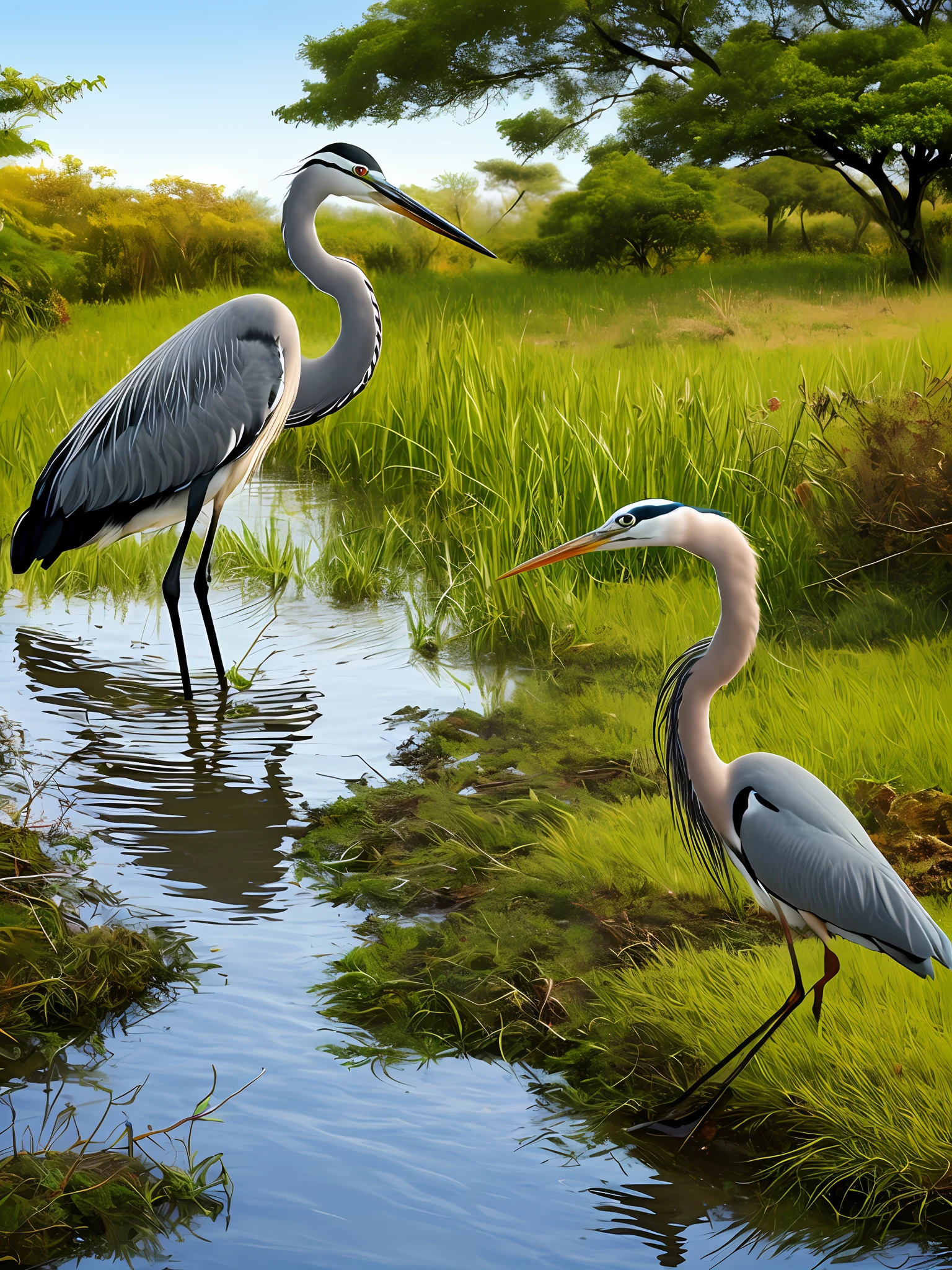 Create an oriental landscape in the background and a heron and snake facing each other