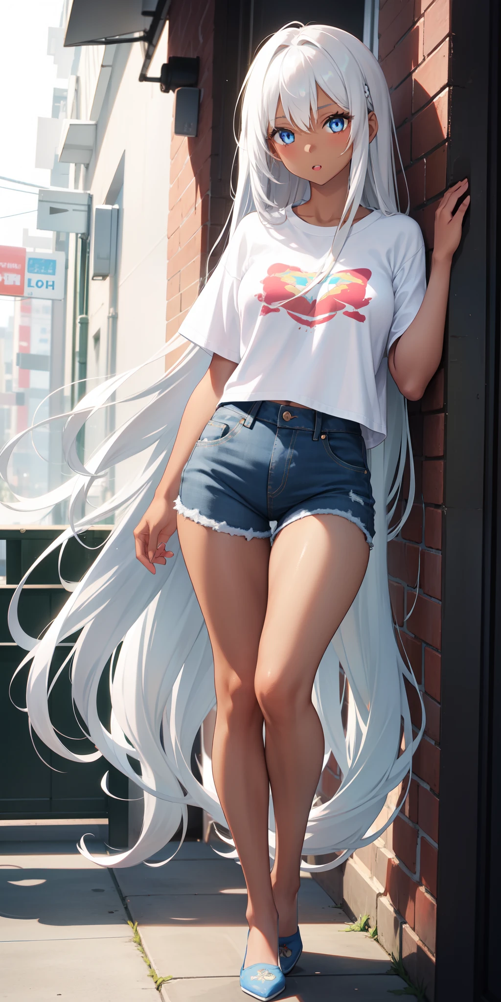 1 girl, brown skin, white t-shirt, jeans, very long white hair, blue eyes,