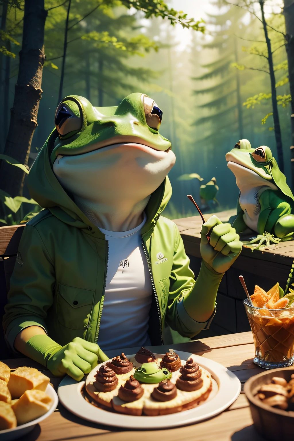 party, forest, food, music, fun, frog, happy, friends,