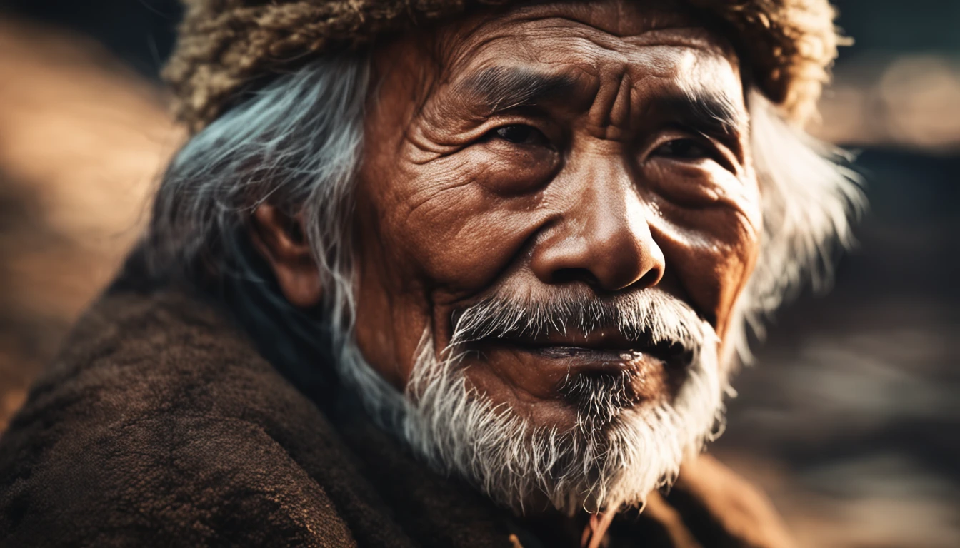 (masterpiece, photorealistic, raw,:1.4), (extremely intricate:1.2), close up, cinematic light, sidelighting, ultra high res, best shadow, RAW, upper body,a close up shot photo of a Vietnamese old man, wearing a thick fur coat, sitting by the camp fire in the middle of the night