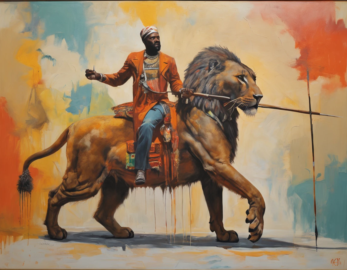 ((best quality)), ((master part))((best quality)), ((master part))Art Installation Art Brock Moore , Image of man riding a lion on a tiger and having his rifle in his hand, in the style of Afrofuturist inspiration, carmesim claro e branco, retratos realistas hiper-detalhados, ben lo, colorful storytelling, Esculpido, fantasia medieval