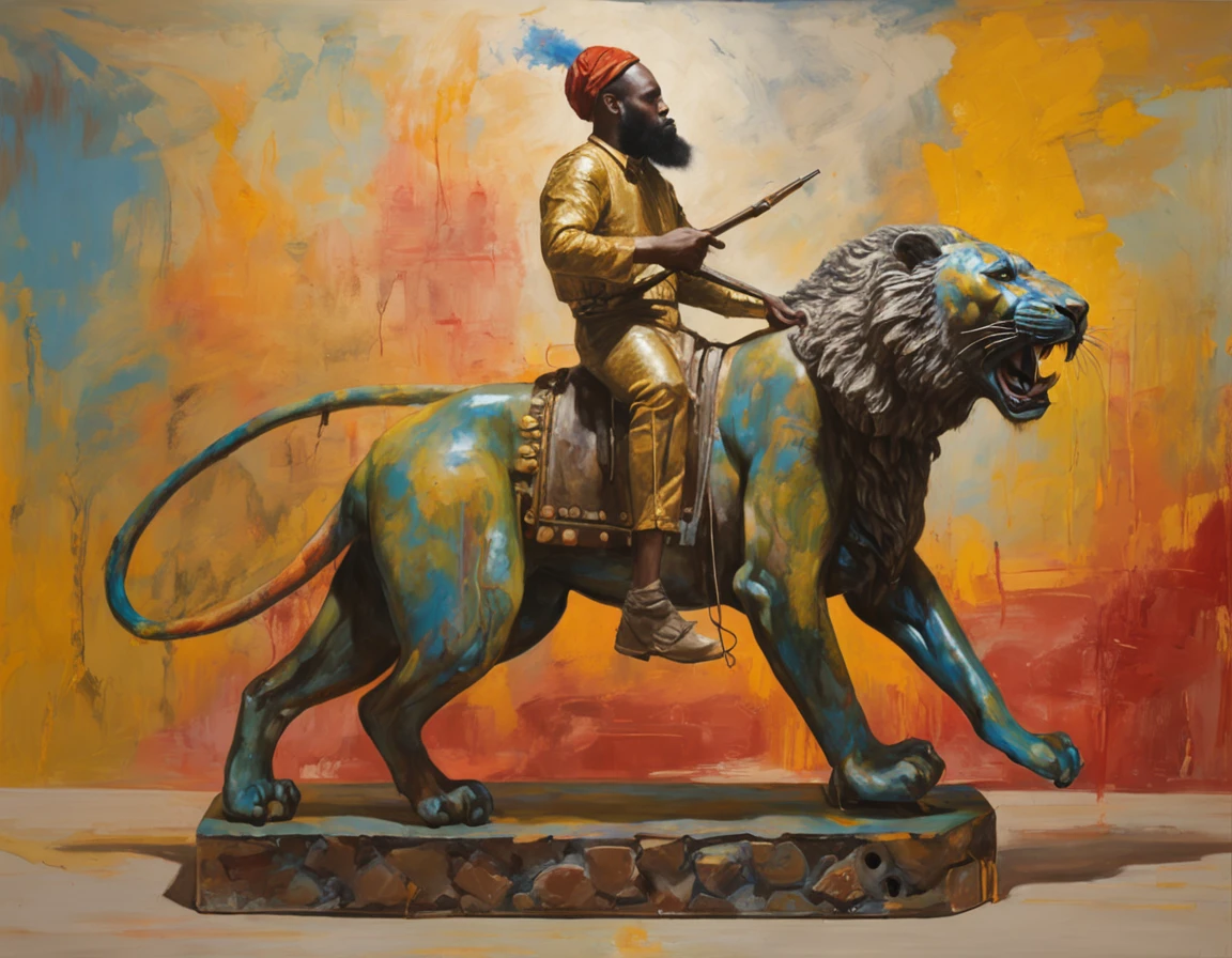 ((best quality)), ((master part))((best quality)), ((master part))Art Installation Art Brock Moore , Image of man riding a lion on a tiger and having his rifle in his hand, in the style of Afrofuturist inspiration, carmesim claro e branco, retratos realistas hiper-detalhados, ben lo, colorful storytelling, Esculpido, fantasia medieval