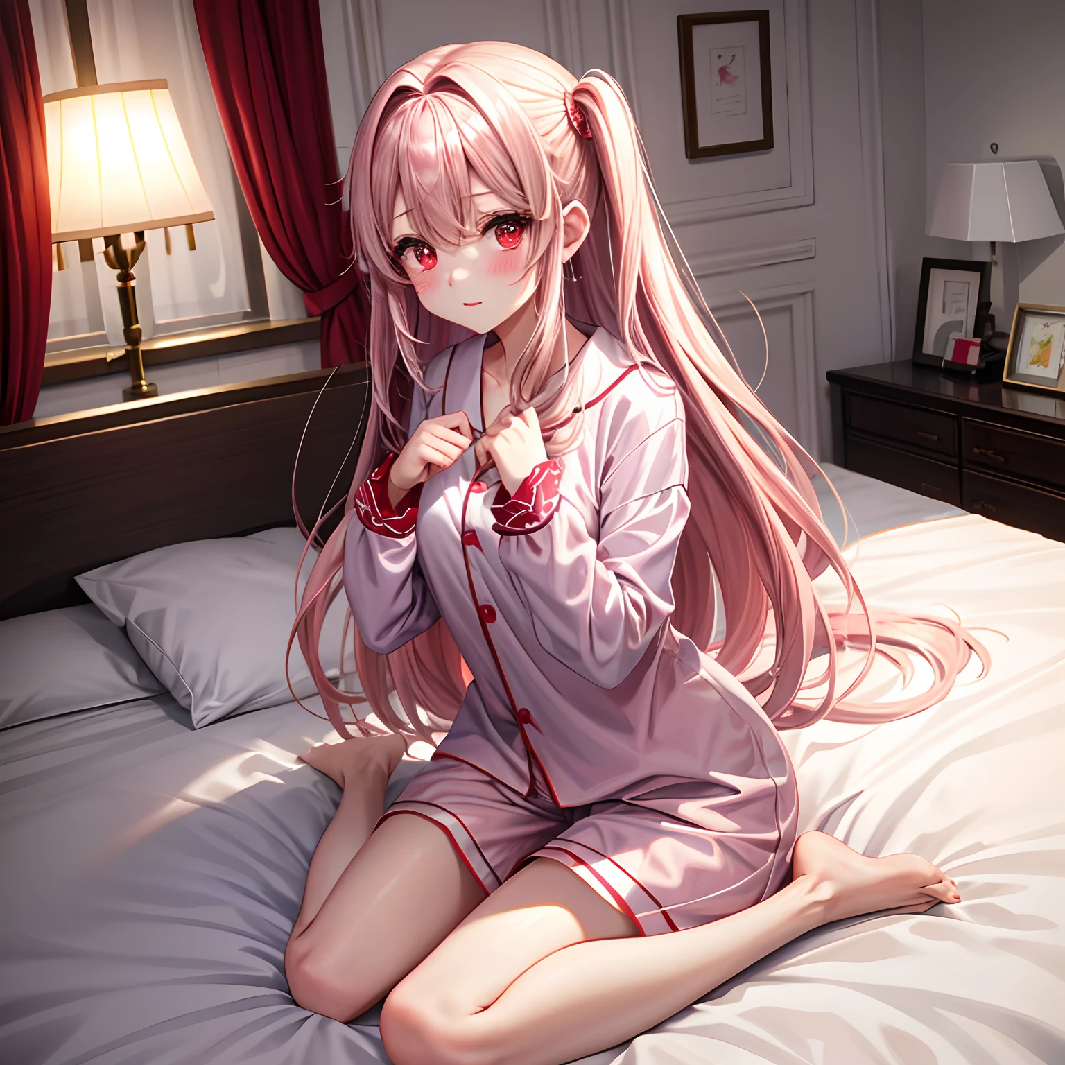 1girl,solo,leg up,barefoot,foot focus,foot up,twin tail,pink hair,pajamas