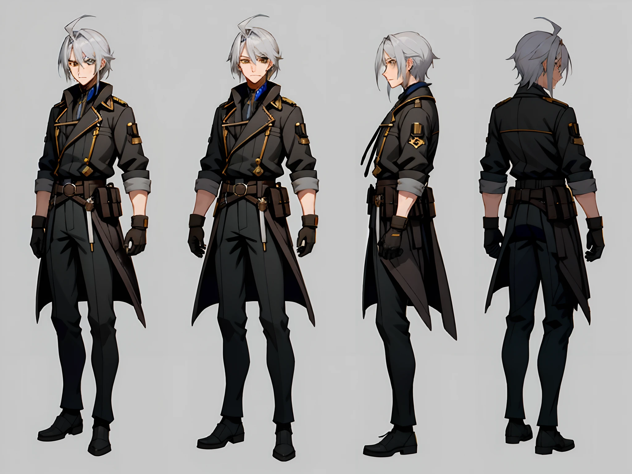 ((tmasterpiece)),((((beste-Qualit))),((CharacterDesignSheet,same character,facade,side face,on back)),illustartion: Silver hair with gold parting, eyecolor: Heterochromia: One eye is golden , the other is brown, SCI-FI Одежда, He wears gloves on his hands, Wears special mechanical boots. Weapon - katana of light,(simple background,whitebackground:1.3)