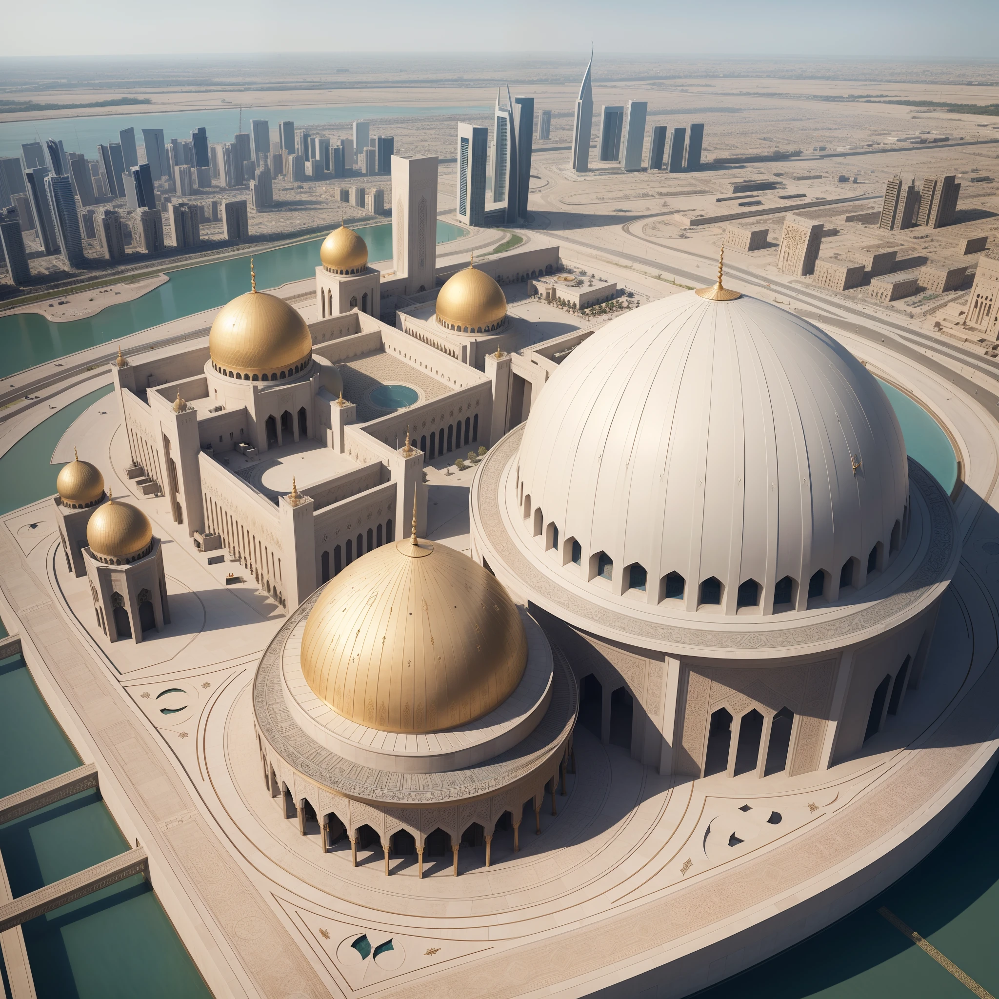 , Building a huge mosque for Muslims , A huge and beautiful building in the middle of the picture , Designed by Engineer. Hassan Fathi , Modern building in Dubai , Islamic Civilization, , highly detail, Detailed Islamic inscriptions,