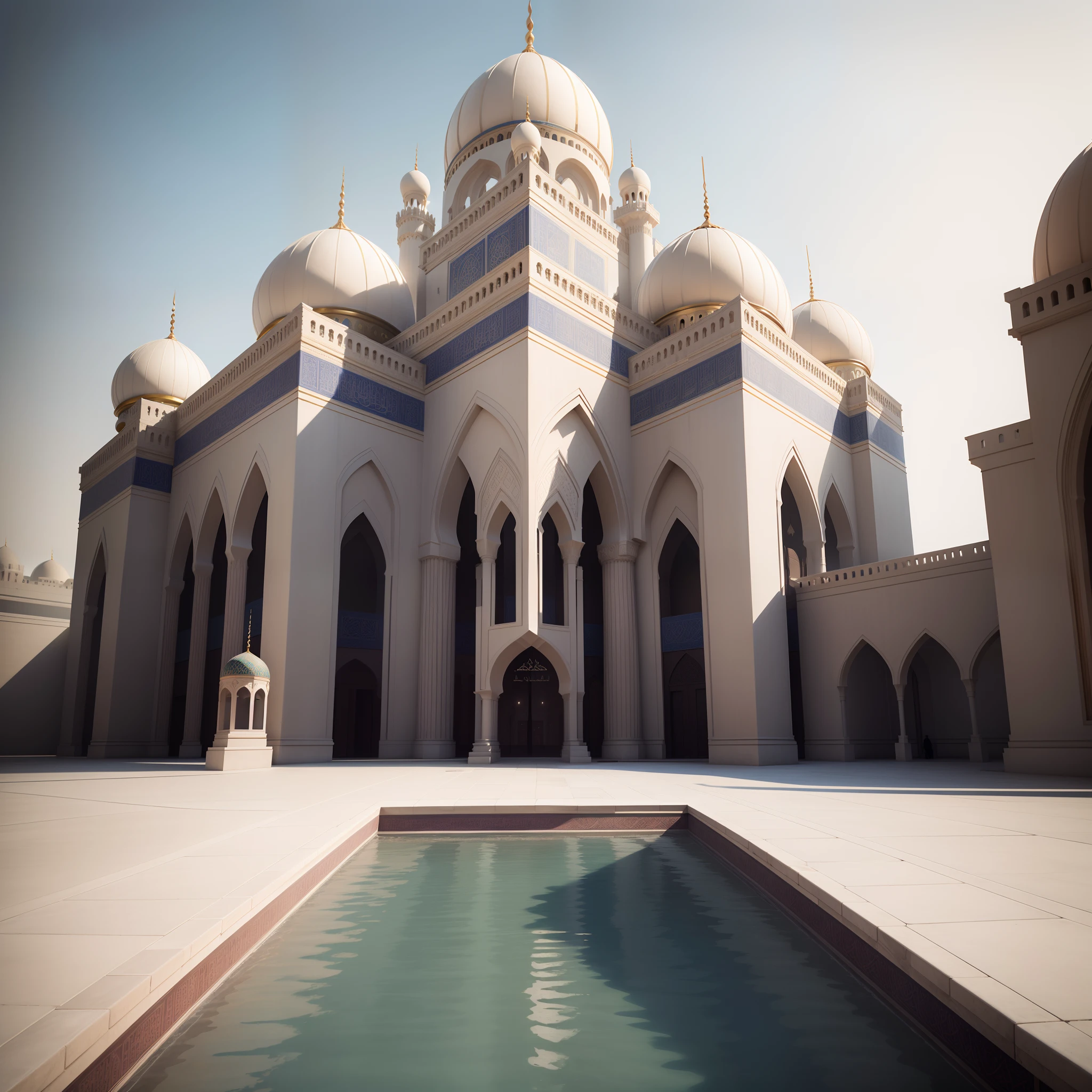 , Building a huge mosque for Muslims , Mosque building, Islamic building , A huge and beautiful building in the middle of the picture  , Designed by arabic Engineering , Modern building in Dubai , Islamic civilization,  , High details, detailed Islamic inscriptions, 32k , hyperealistic, hyperdetail, masterpiece, best quality