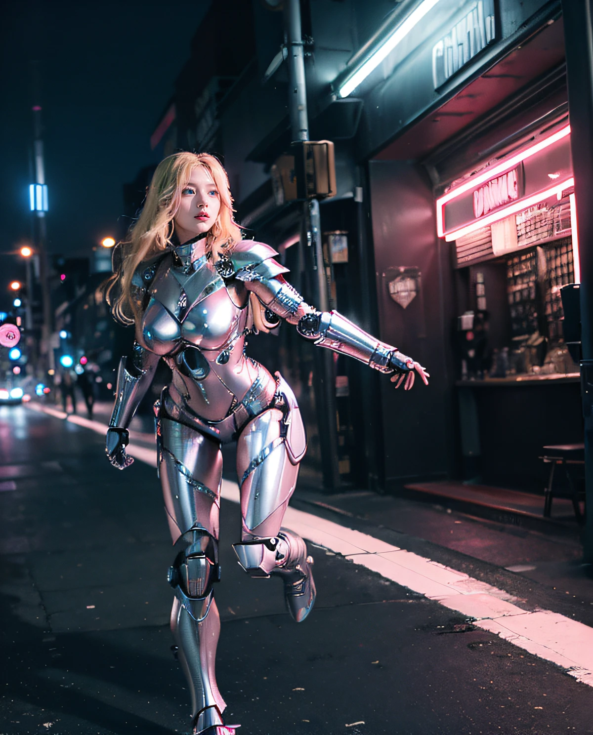 1girl, (Blue Eyes), happy face, (Sana Minatozaki), wide hips, Big Boobs, big ass, (Best Quality, 8k, Masterpiece: 1.3), Clear Focus: 1.2, Perfect Body Beauty: 1.4, Slender Abs: 1.2, Highly detailed face and skin texture, detailed eyes, double eyelids, red lips, (blonde long hair), (pink full body cybersuit full combat armor, futuristic combat armor, cybernetic full armor :1.3), (fast running), (city at night)