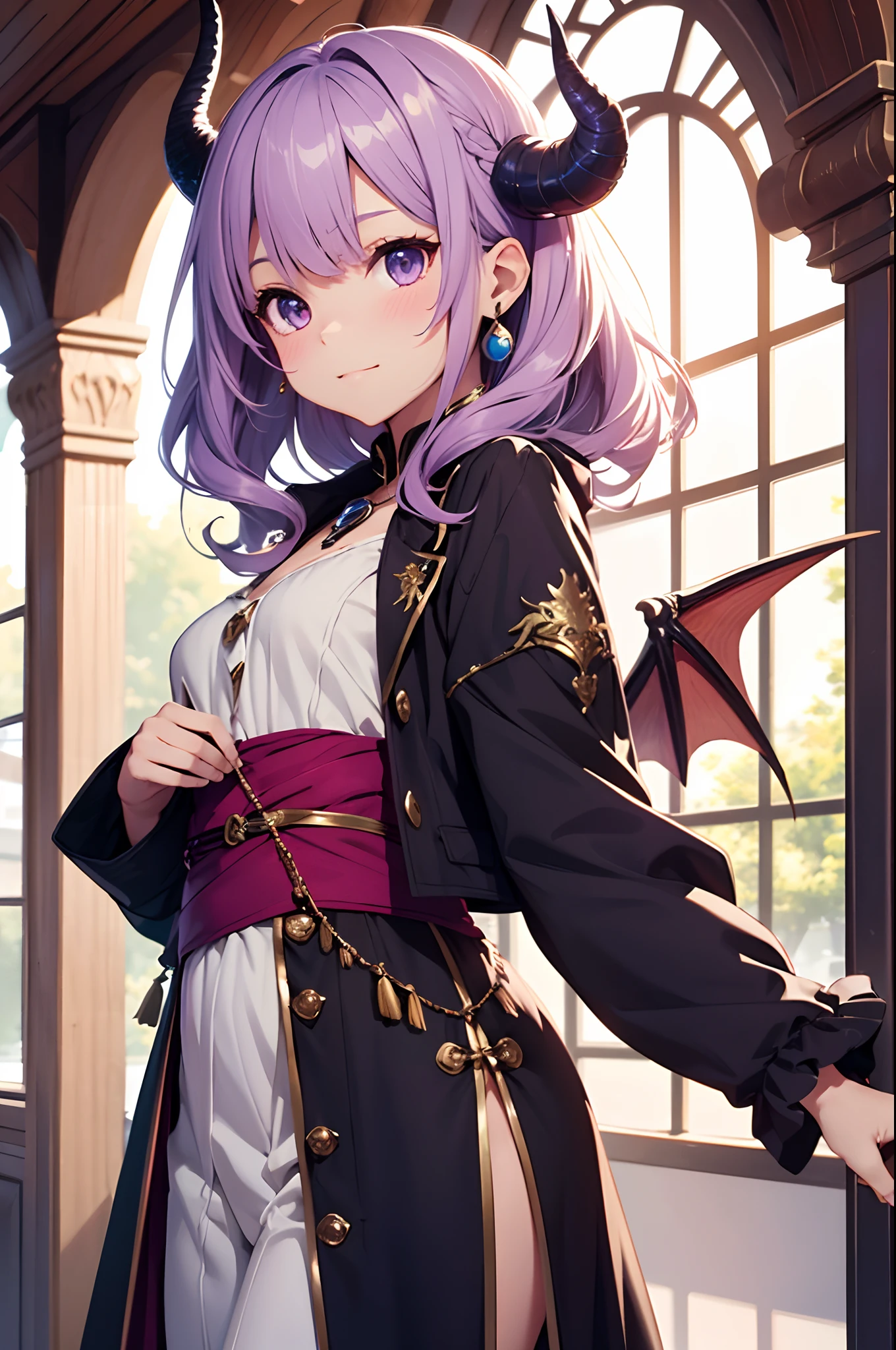 A cute girl with short, flat chest, wavy light purple hair, and adorable dragon horns, dragon wings, dragon girl, wearing a charming fantasy outfit. cute straps, bell sleeves, jacket, High resolution, high quality