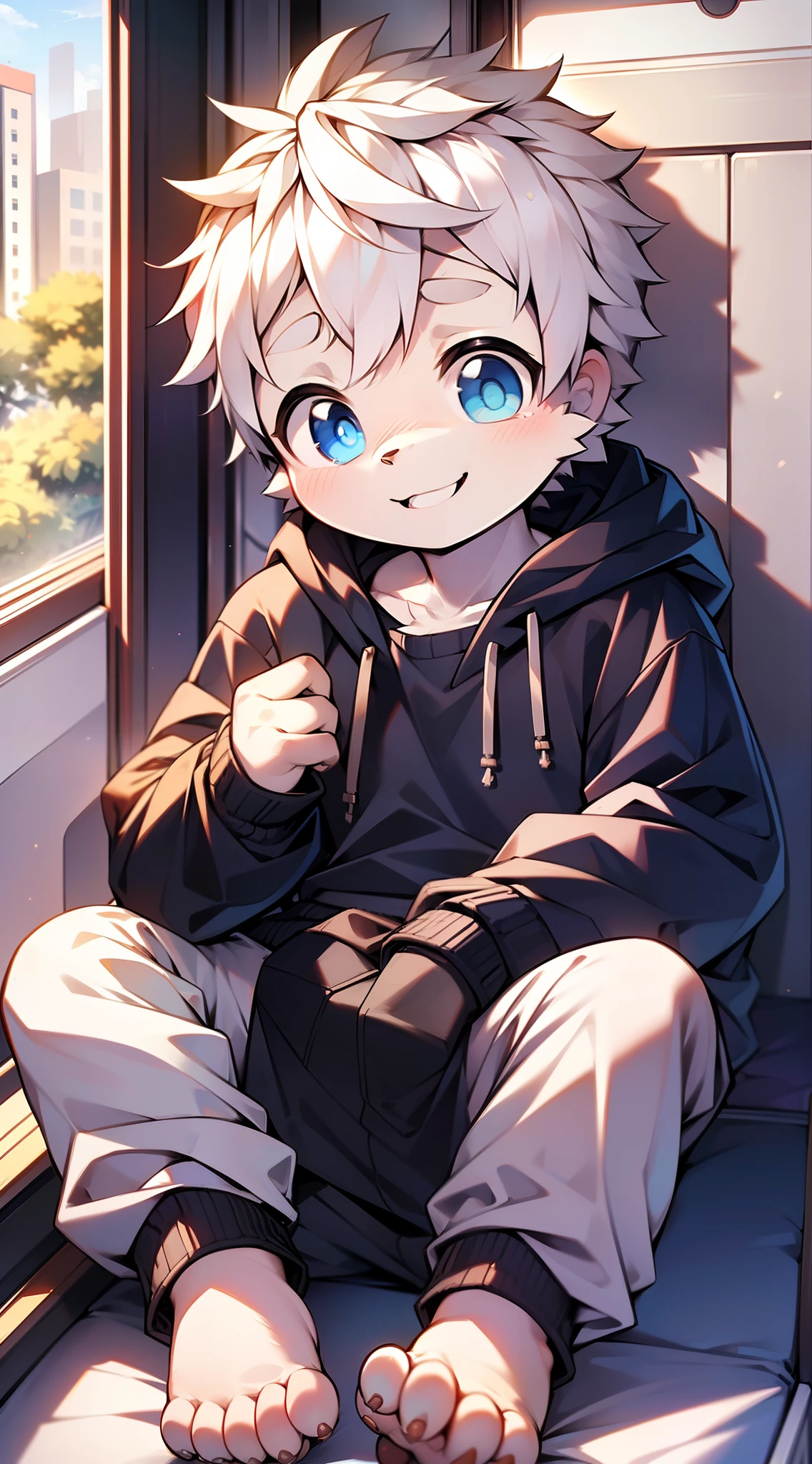Masterpiece, chubby Little boy with white hair and shiny bright blue eyes and barefoot wearing a hoodie, and oversized sweatpants sitting in a train, young, boy, child, small, toddler, soft light, (sweatpants:1.4), (Boy:1.4), (Shota:1.4), (Young:1.4), (Male:1.4), (smiling:1.4), (foot:1.4), (shy:1.4),