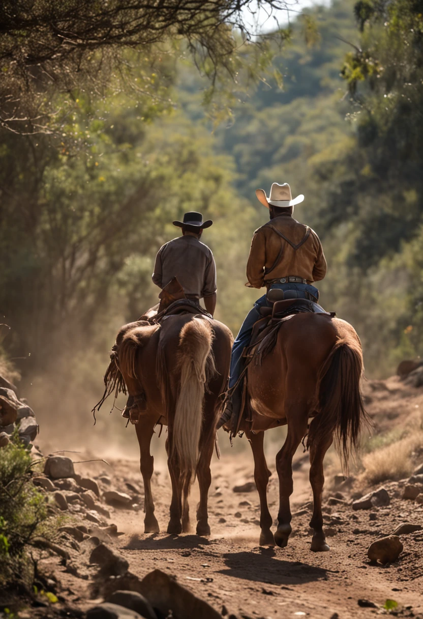 ha um cenario de montanha co um riacho de aguas rasa e cristalinas aonde vai atravessando um cowboy encima de um cavalo