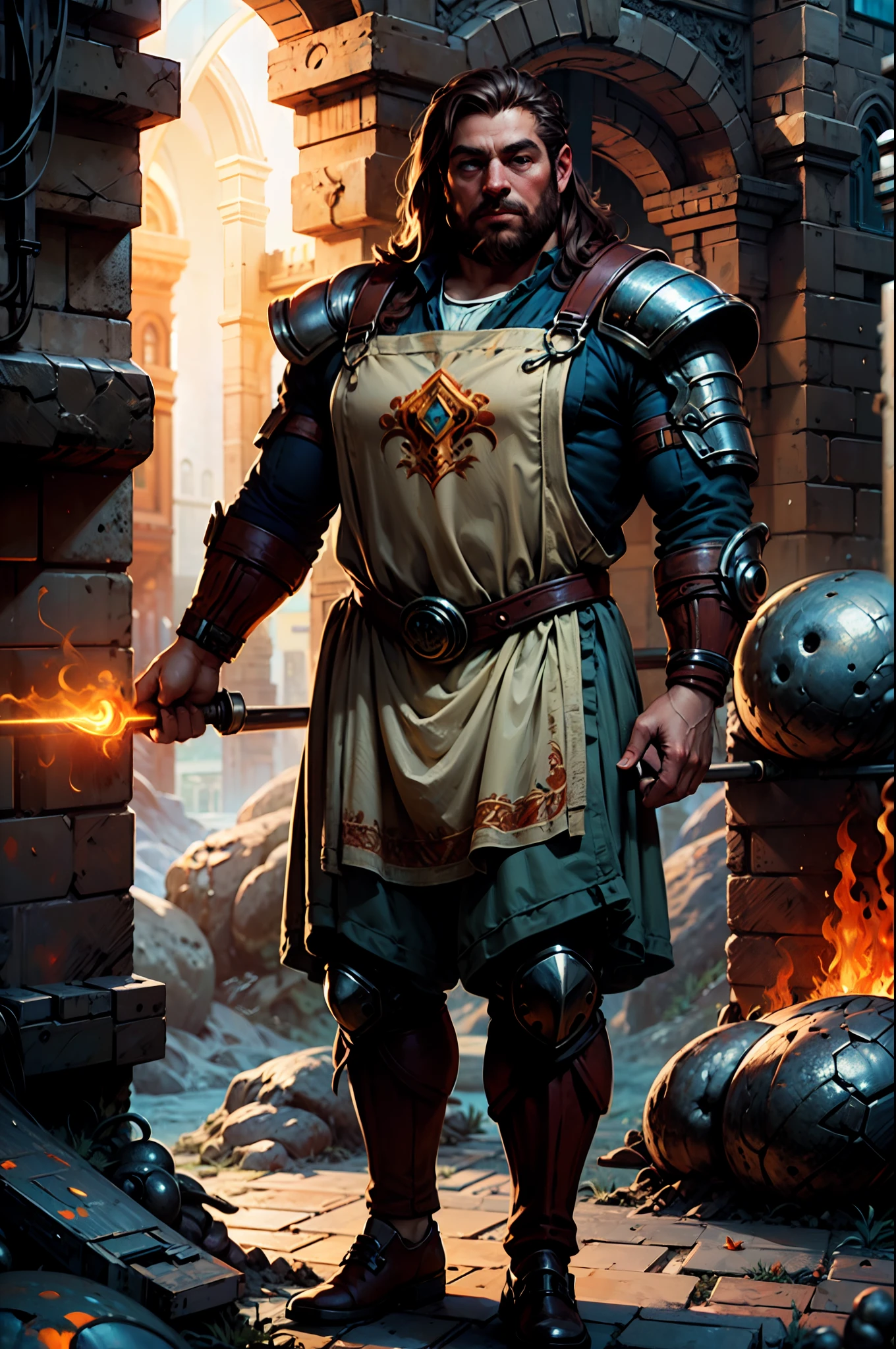 high details, best quality, 16k, RAW, [best detailed], masterpiece, best quality, (extremely detailed), full body, ultra wide shot, photorealistic, fantasy art fantasy_world, RPG art, D&D art, a picture of a dwarf working at his forge (intense details, Masterpiece, best quality), fantasy male dwarf (intense details, Masterpiece, best quality),(intense details, Masterpiece, best quality), brown hair, dynamic eyes color, ultra detailed face (intense details, Masterpiece, best quality), long beard, brown beard, muscular arms, wearing smith apron, holding a hammer in hand, hammer has yellow magical runes, shining GlowingRunes_yello yellowe runes (intense details, Masterpiece, best quality), working the forge (intense details, Masterpiece, best quality), fiery forge (intense details, Masterpiece, best quality), crafting magical metalic sword, dwarven smithy and fiery forge background, fiery red and yellow and orange shadow and light of a fiery orange (intense details, Masterpiece, best quality), High Detail, Ultra High Quality, High Resolution, 16K Resolution, Ultra HD Pictures, Ultra Realistic, Clear Details, Realistic Detail, Ultra High Definition