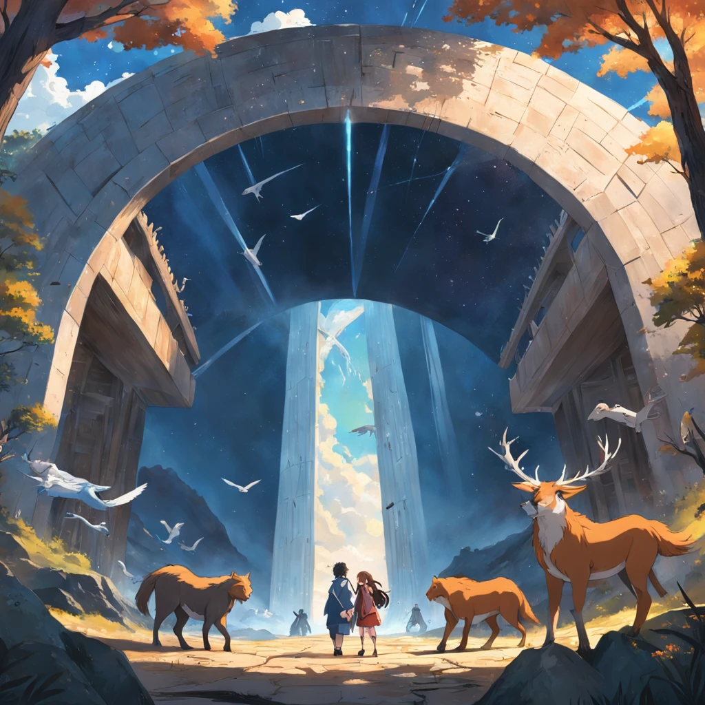 Noah building the arc, animals arriving by pairs