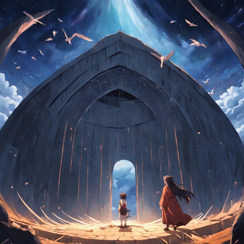 Noah building the arc, animals arriving by pairs