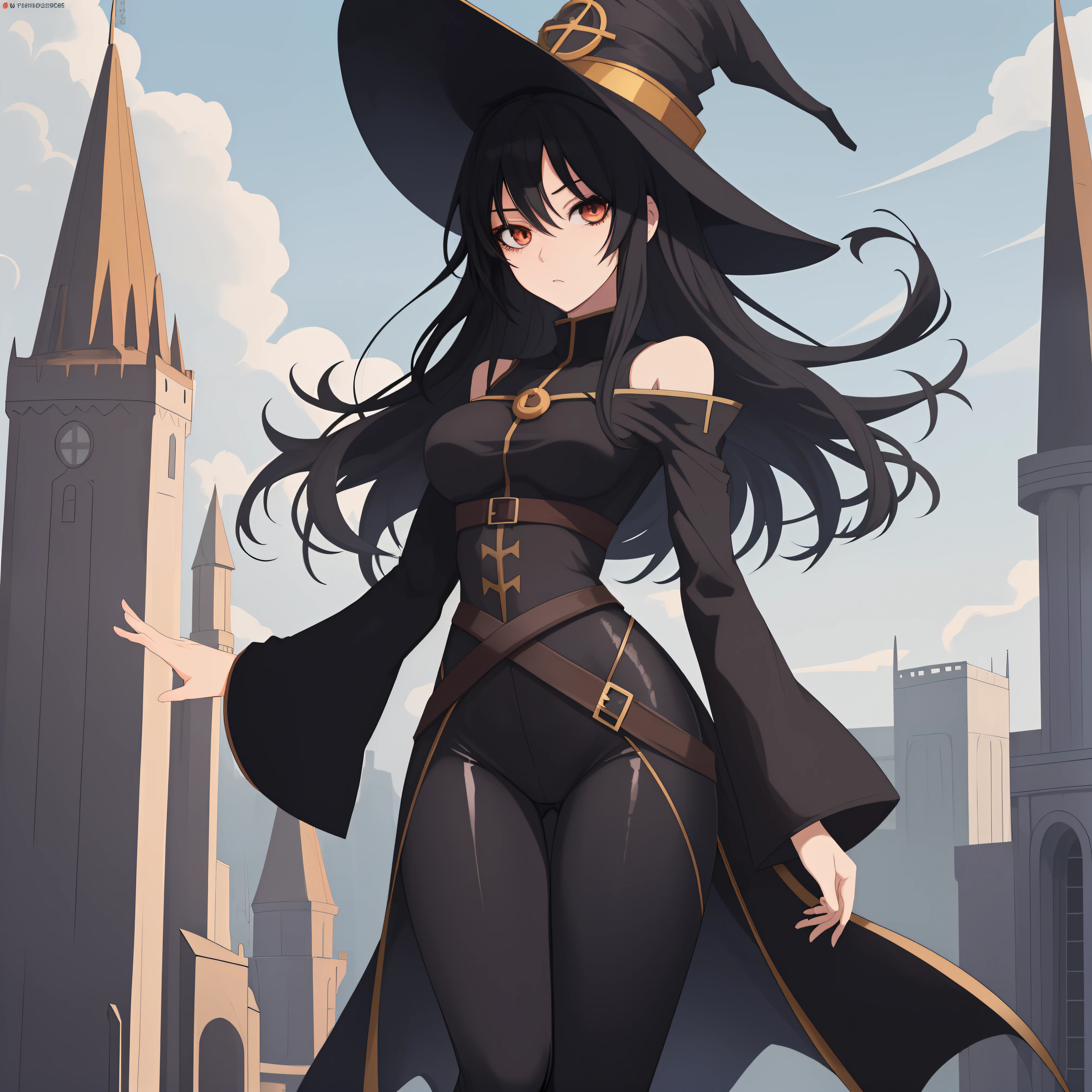 anime girl, black hair, wizard tower, full body shot, sexy, skinny, black leggings