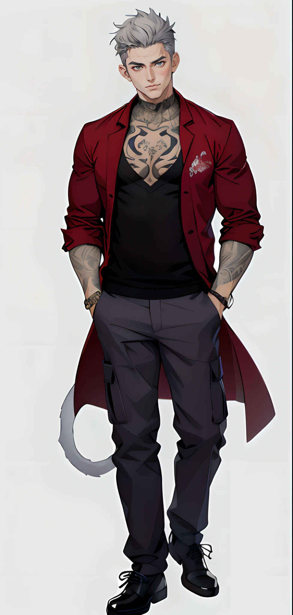 (hoang lap,k hd,Super meticulous),ember,Youth,Silver-gray hair,Handsome face,Cold appearance,long slim figure,((Crimson casual coat:1.4)),There is a cat tattoo on the neck,There is a tattoo of a Buddha image on the chest,Wear yours with black cargo pants,White casual shoes,(Standing drawings of characters,Face the camera,Positive perspective)(white backgrounid)