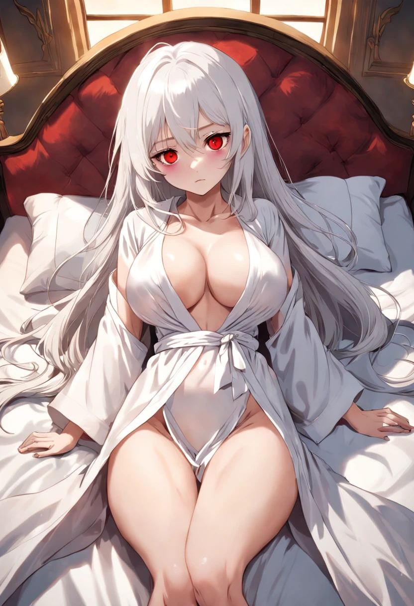 masterpiece, highest quality, 1 woman, mature, tall, white hair, red eyes, perfect proportions, gorgeous, solo, long hair, cleavage, long legs, silk dressing gown, bed, rigorous body structure, good-looking fingers, lying down, o