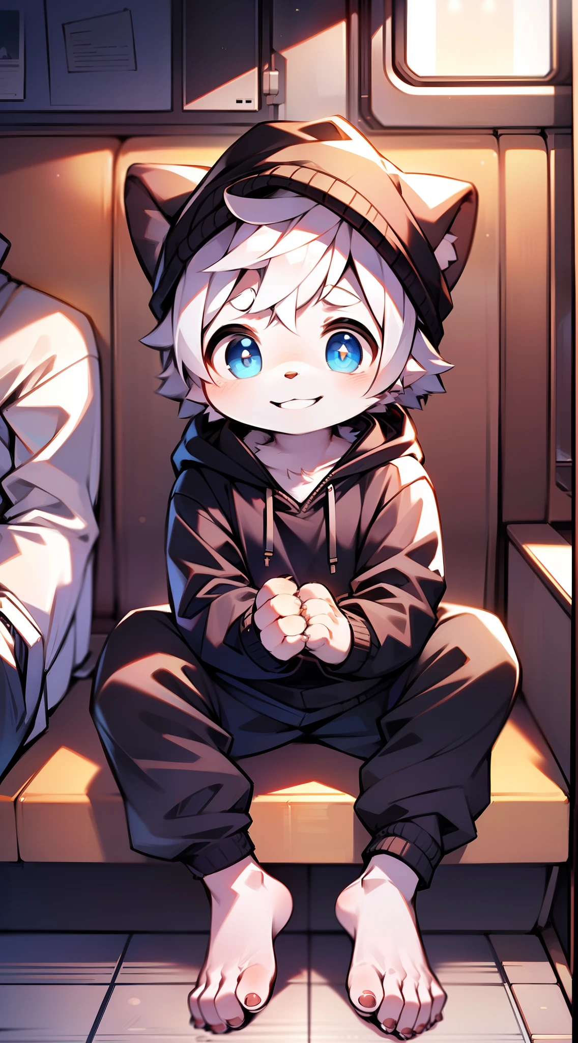 Masterpiece, chubby Little boy with white hair and shiny bright blue eyes and barefoot wearing a hoodie, and oversized sweatpants sitting in a train, young, boy, child, small, toddler, soft light, (sweatpants:1.4), (Boy:1.4), (Shota:1.4), (Young:1.4), (Male:1.4), (smiling:1.4), (foot:1.4), (shy:1.4),