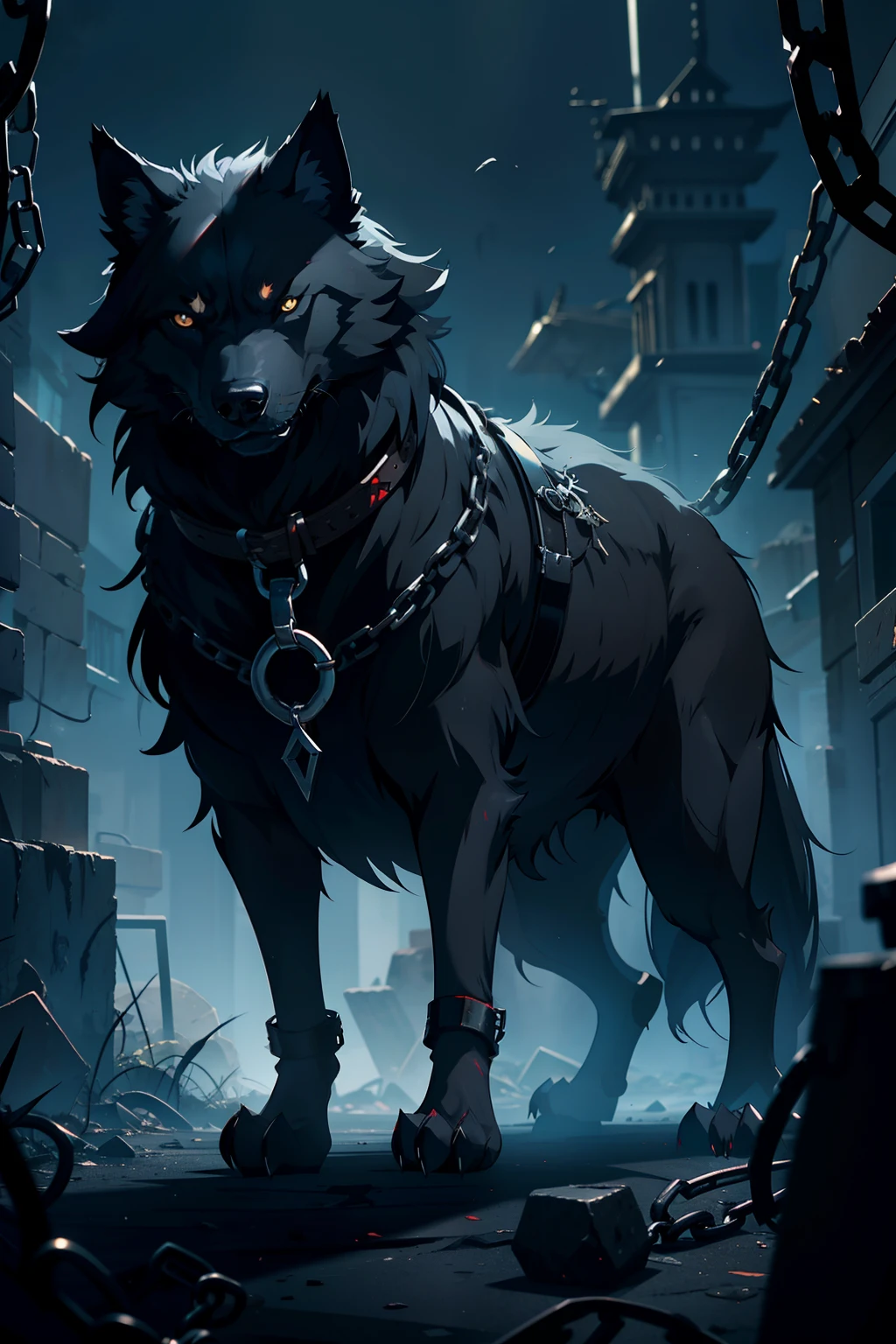 a dark wolf, with dark fur and a sinister appearance, emanating black mist and with broken chains on its body