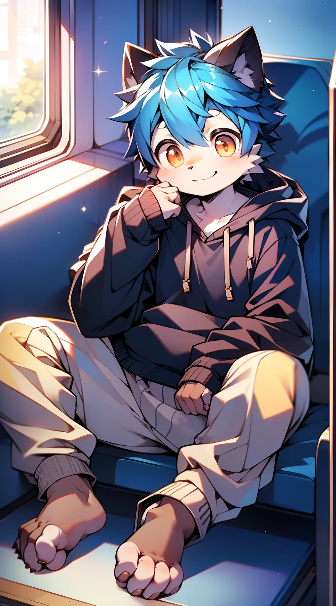 Masterpiece, chubby Little boy with blue hair and shiny bright orange eyes and barefoot wearing a hoodie, and oversized sweatpants sitting in a train, young, boy, child, small, toddler, soft light, (sweatpants:1.4), (Boy:1.4), (Shota:1.4), (Young:1.4), (Male:1.4), (smiling:1.4), (foot:1.4), (shy:1.4),