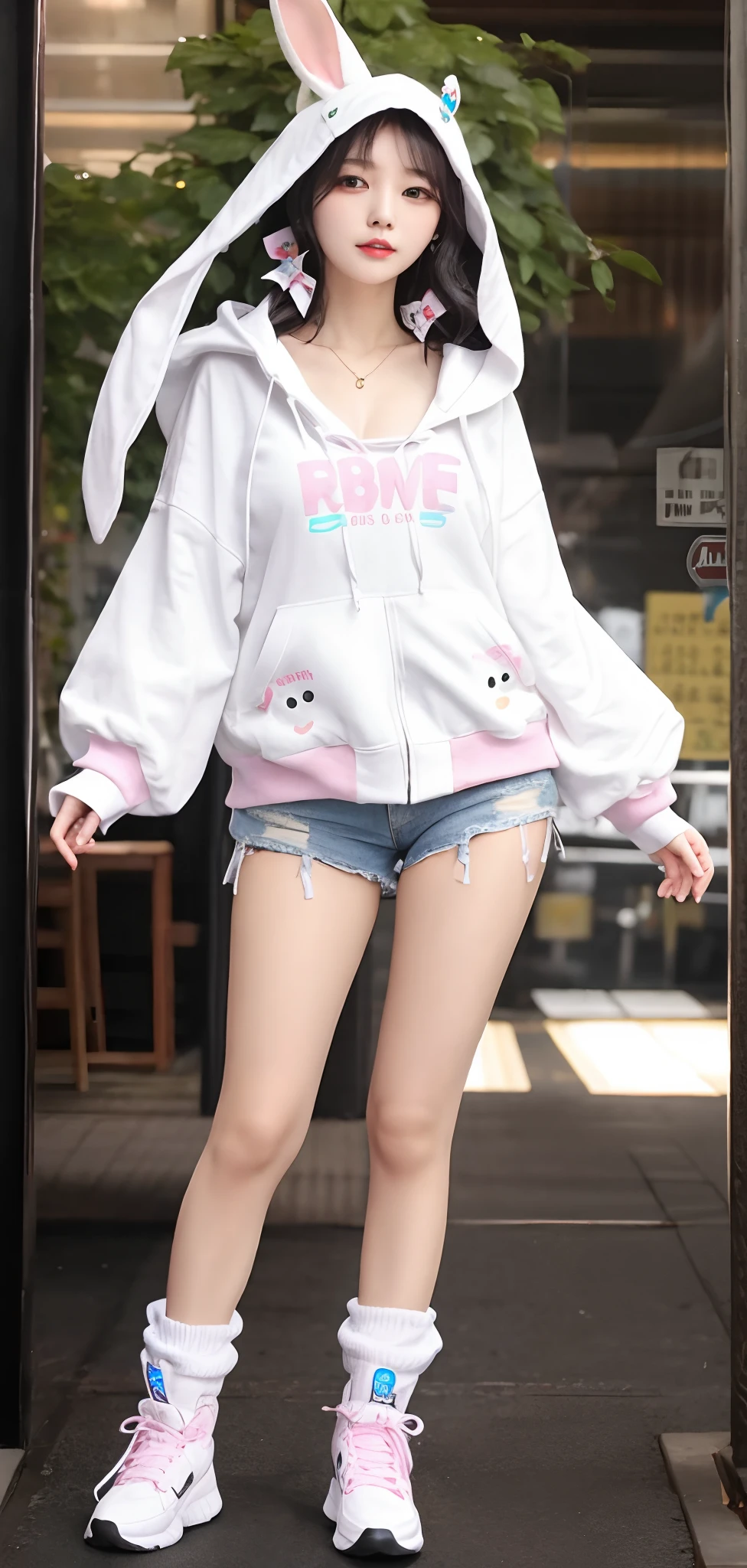 black color hair,Hood,Rabbit ears。
