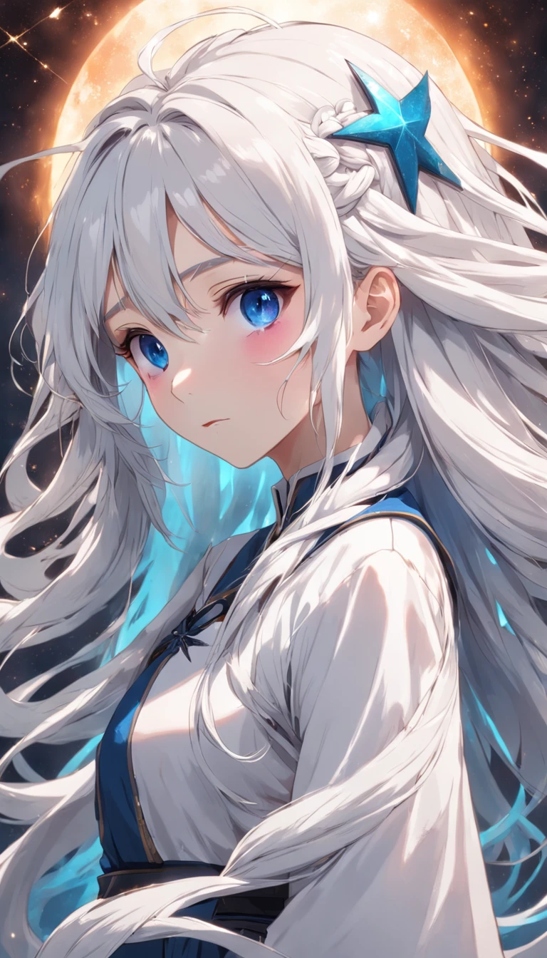A girl with long white hair with a thin twisted braid on the right side with long white hair is a gray-blue eye of an eight-pointed star.