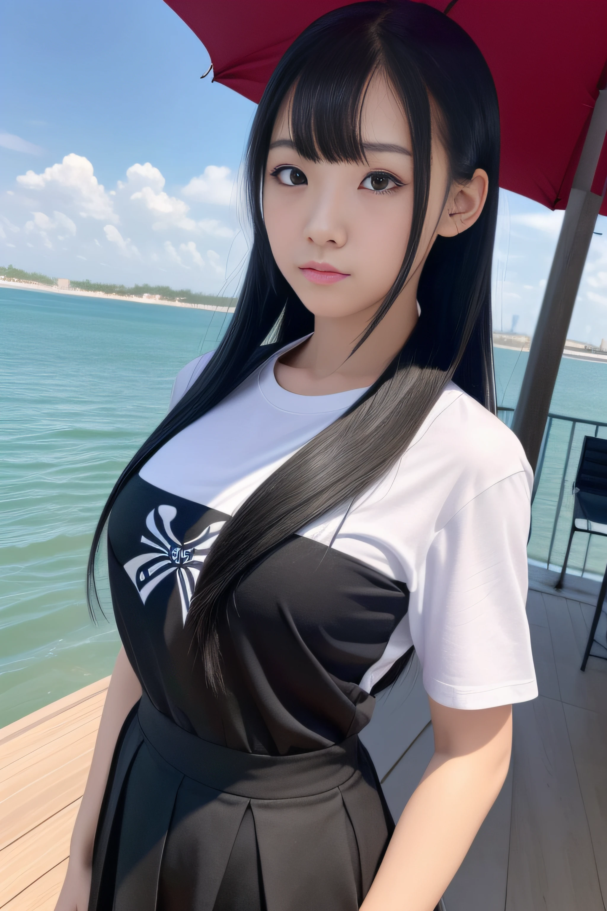 A girl，年轻，Black color hair，horse tailed，a sailor suit,best qualtiy，best illuminate，Highest high resolution，16k，Meticulous details，full body shot shot,realisticlying,beachside,The bust is huge,full bodyesbian,tee shirt