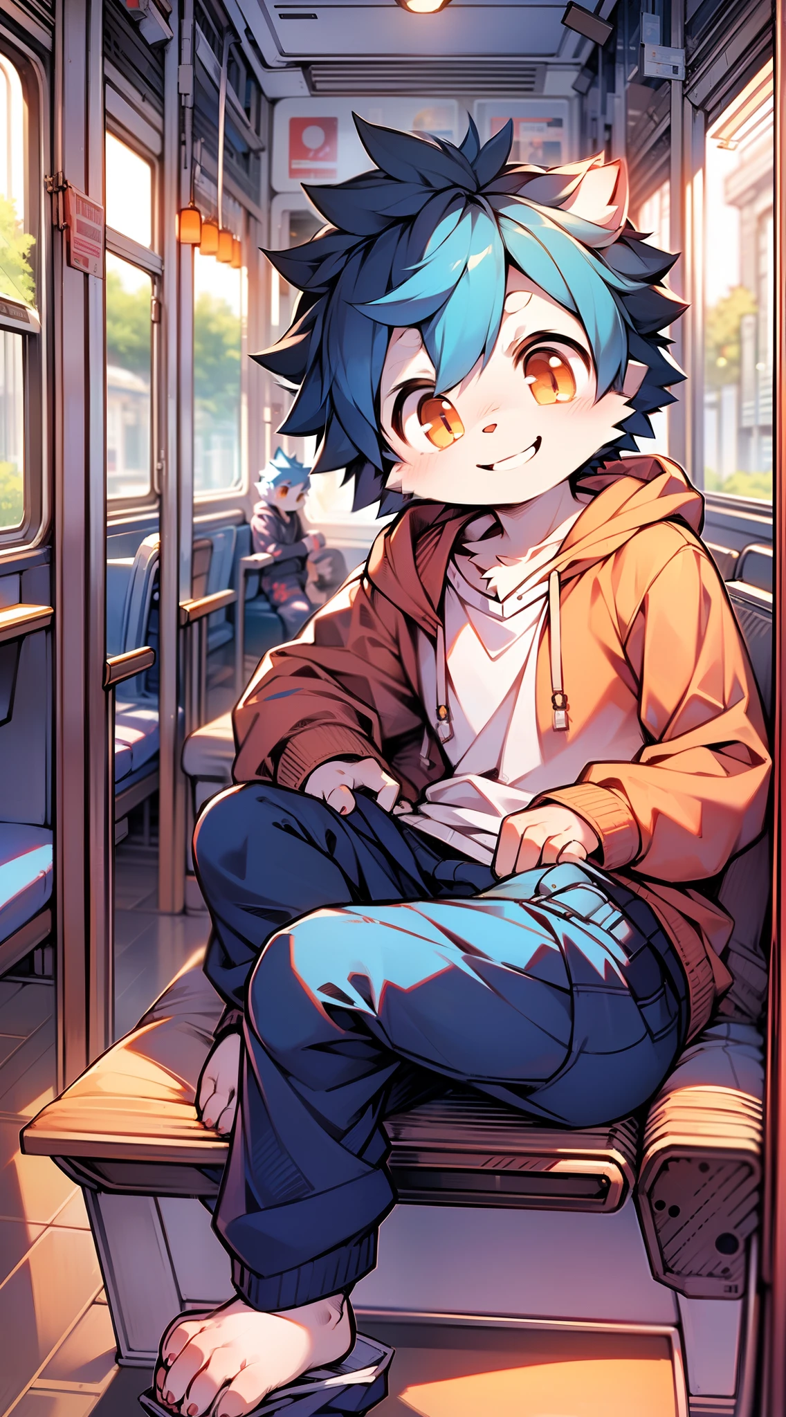 Masterpiece, chubby Little boy with blue hair and shiny bright orange eyes and barefoot wearing a hoodie, and oversized sweatpants sitting in a train, young, boy, child, small, toddler, soft light, (sweatpants:1.4), (Boy:1.4), (Shota:1.4), (Young:1.4), (Male:1.4), (smiling:1.4), (foot:1.4), (shy:1.4),