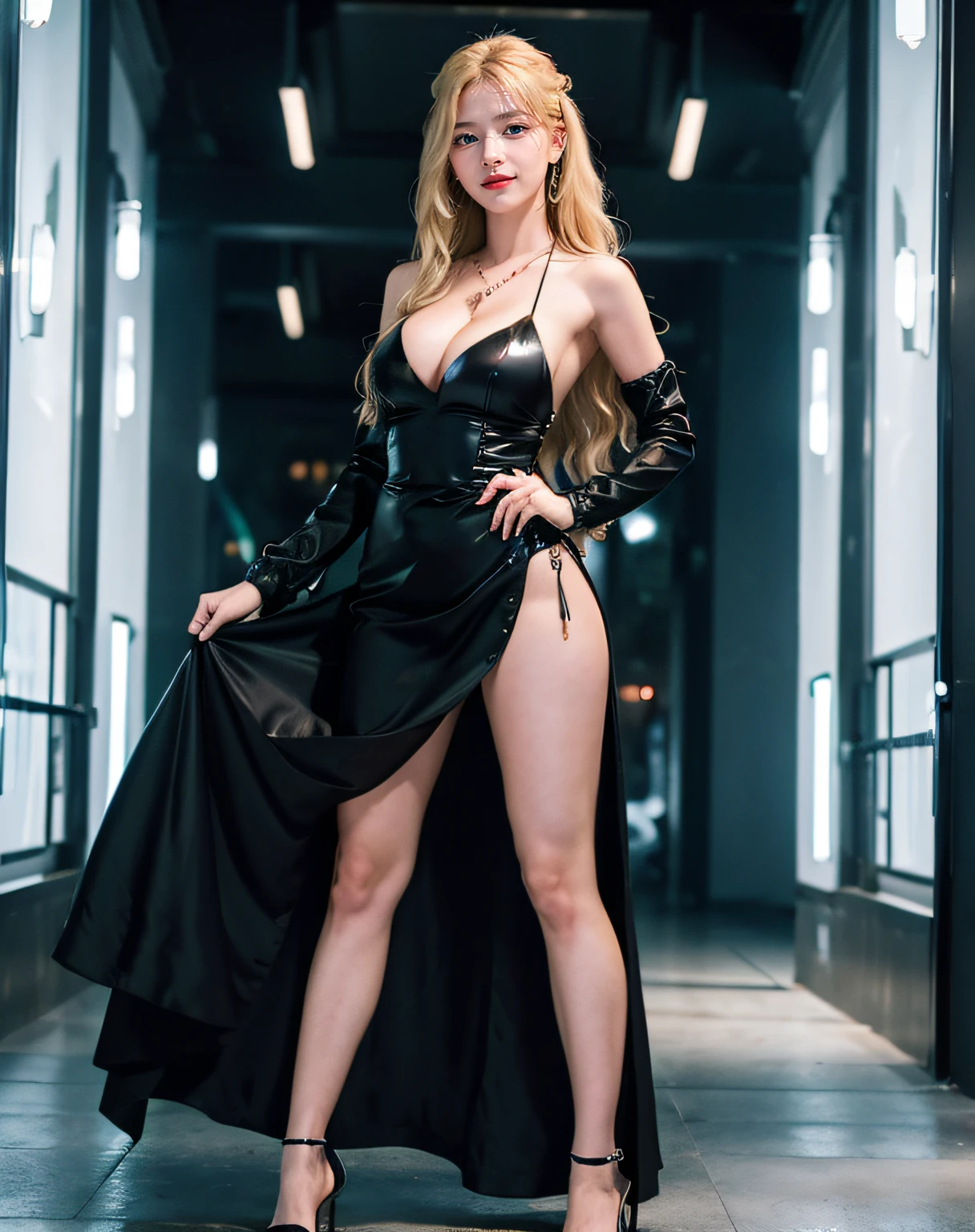 1girl, (Blue Eyes), smiling, (Sana Minatozaki), wide hips, Big Boobs, big ass, (Best Quality, 8k, Masterpiece: 1.3), Clear Focus: 1.2, Perfect Body Beauty: 1.4, Slender Abs: 1.2 , Highly detailed face and skin texture, detailed eyes, double eyelids, red lips, (blonde long hair), (long silk black dress), (high stocking), (high heels), necklace and earrings, (standing), night city