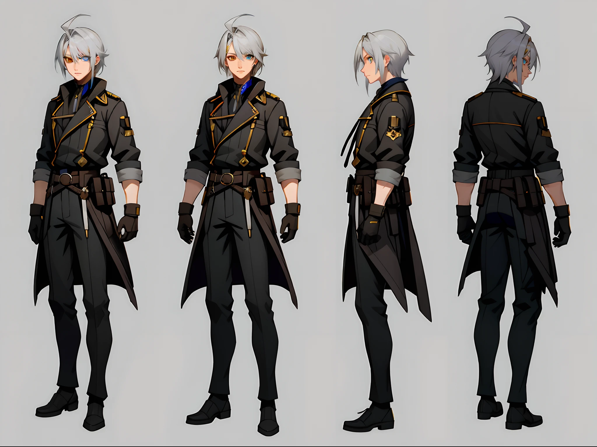 The hair is silver with a gold parting, eyecolor: Heterochromia: One eye is golden , the other is brown