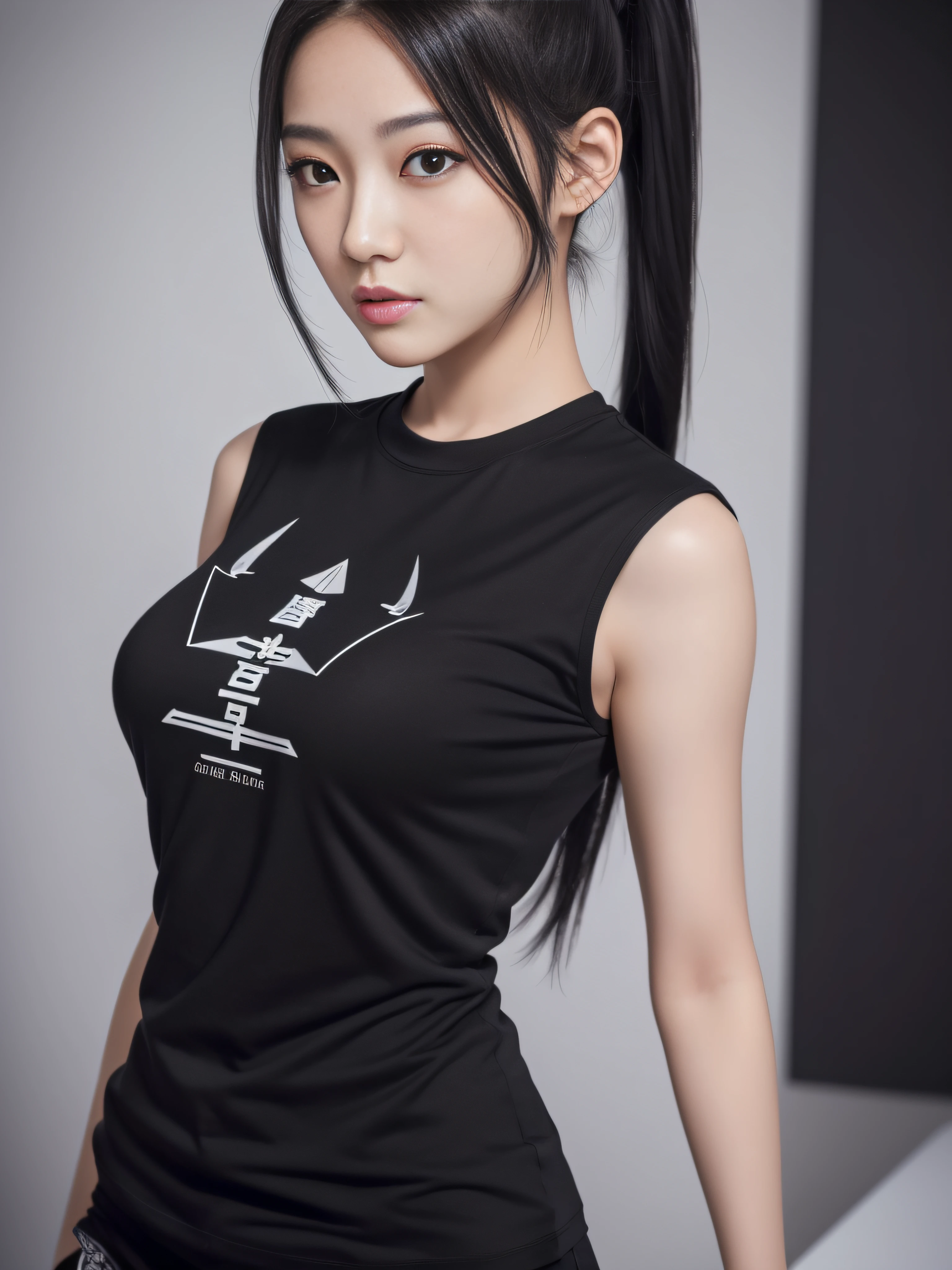 A girl,年轻,Black color hair,horse tailed,best qualtiy,best illuminate,Highest high resolution,16k,Meticulous details,full body shot shot,realisticlying,The bust is huge,full bodyesbian,tee shirt