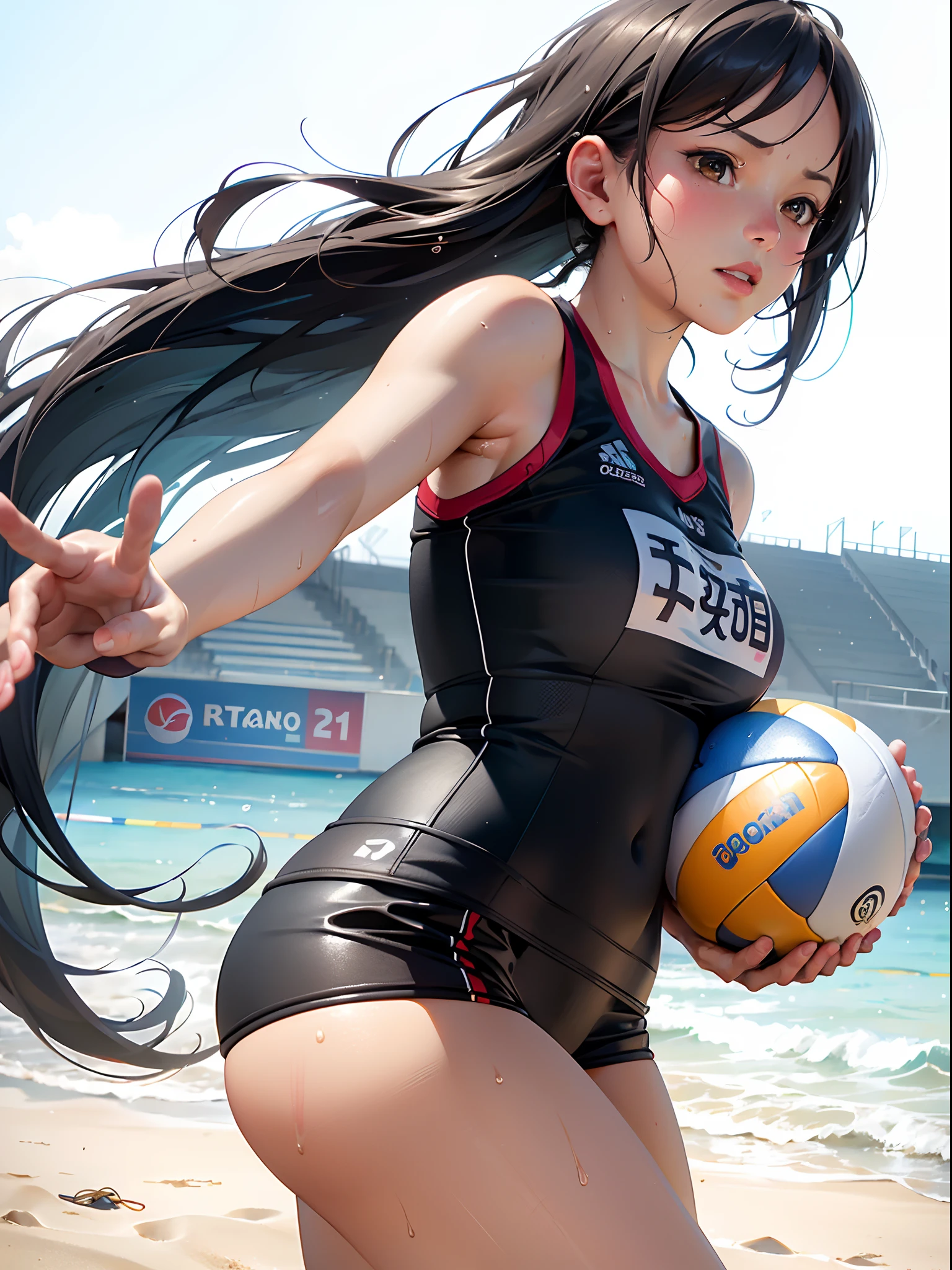 (8K, Raw photo, Best Quality, masutepiece:1.2), (Realistic, Photorealsitic:1.37),1 girl,Cute, (Solo),A detailed face, Dramatic Angle,
,beach volleyball uniform,Look away,Sporty,Shoot the ball,Wet skin,Sweat,Large breasts,Nice　Legs,Beach volleyball field ,