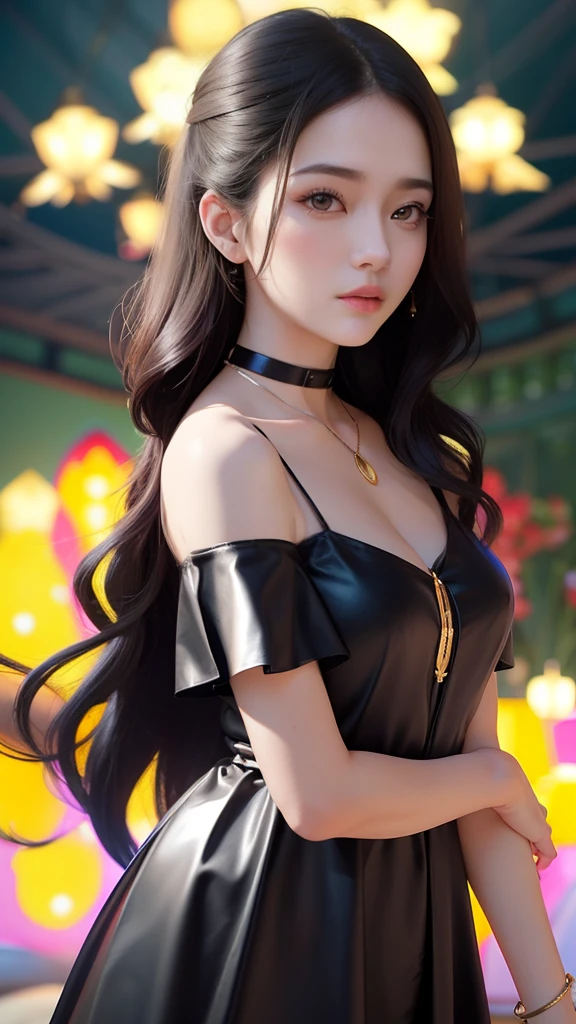Exposed breasts, black dress, black hair, best quality, masterpiece, high resolution, 1girl, porcelain dress, hair accessories, necklace, jewelry, pretty face, body, tyndall effect, realistic, shadow studio, edge lighting, two-tone lighting, (high detail skin: 1.2), 8k UHD, dslr, soft light, high quality, volumetric light, voyeur, photo, high resolution, 4k, 8k, background blur,