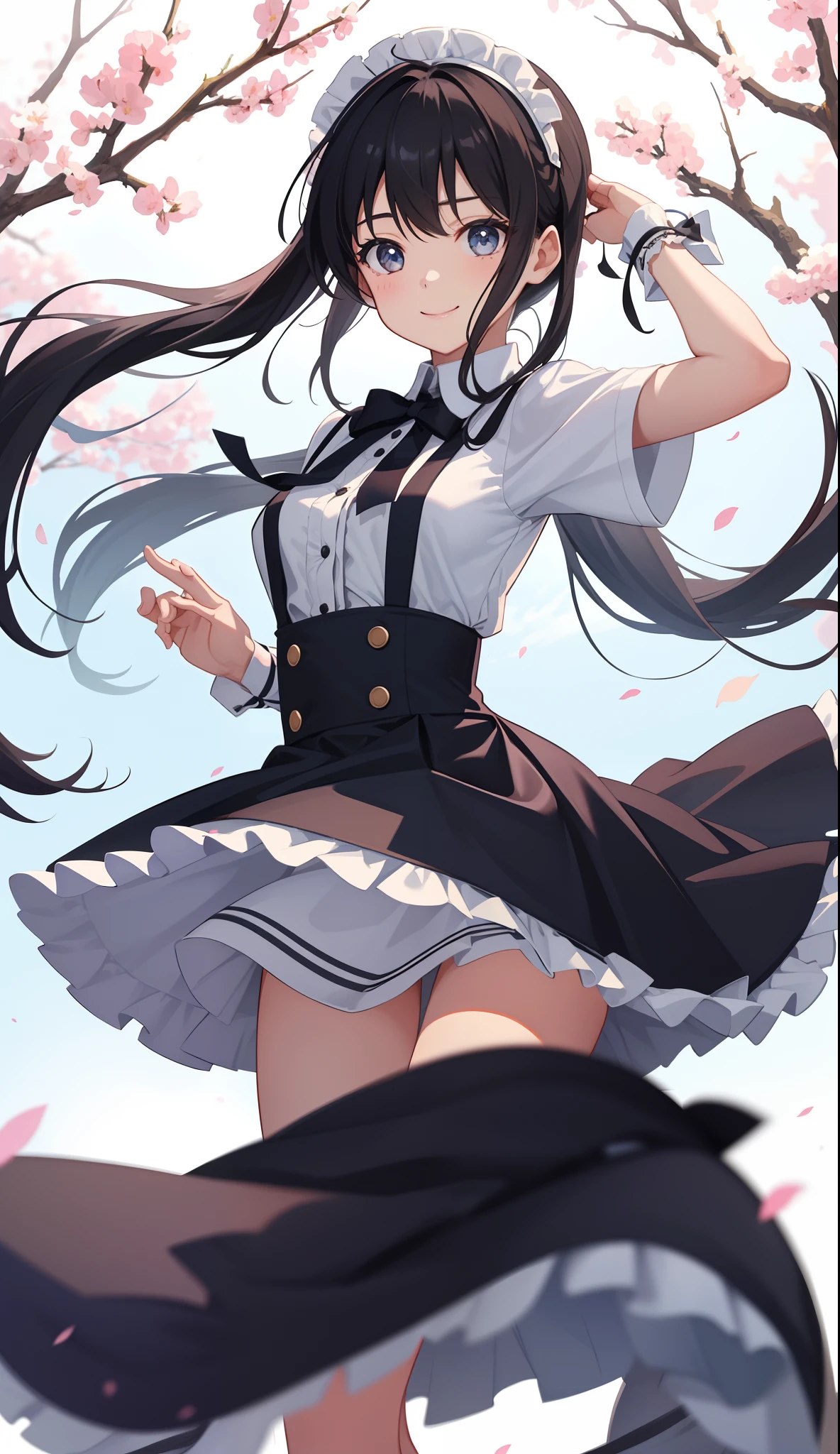 1girl in、A smile、A delightful! The shirt、skirt by the、(small tits)pinafore、doress、hair adornments、(Maids)、run!Spring breeze、