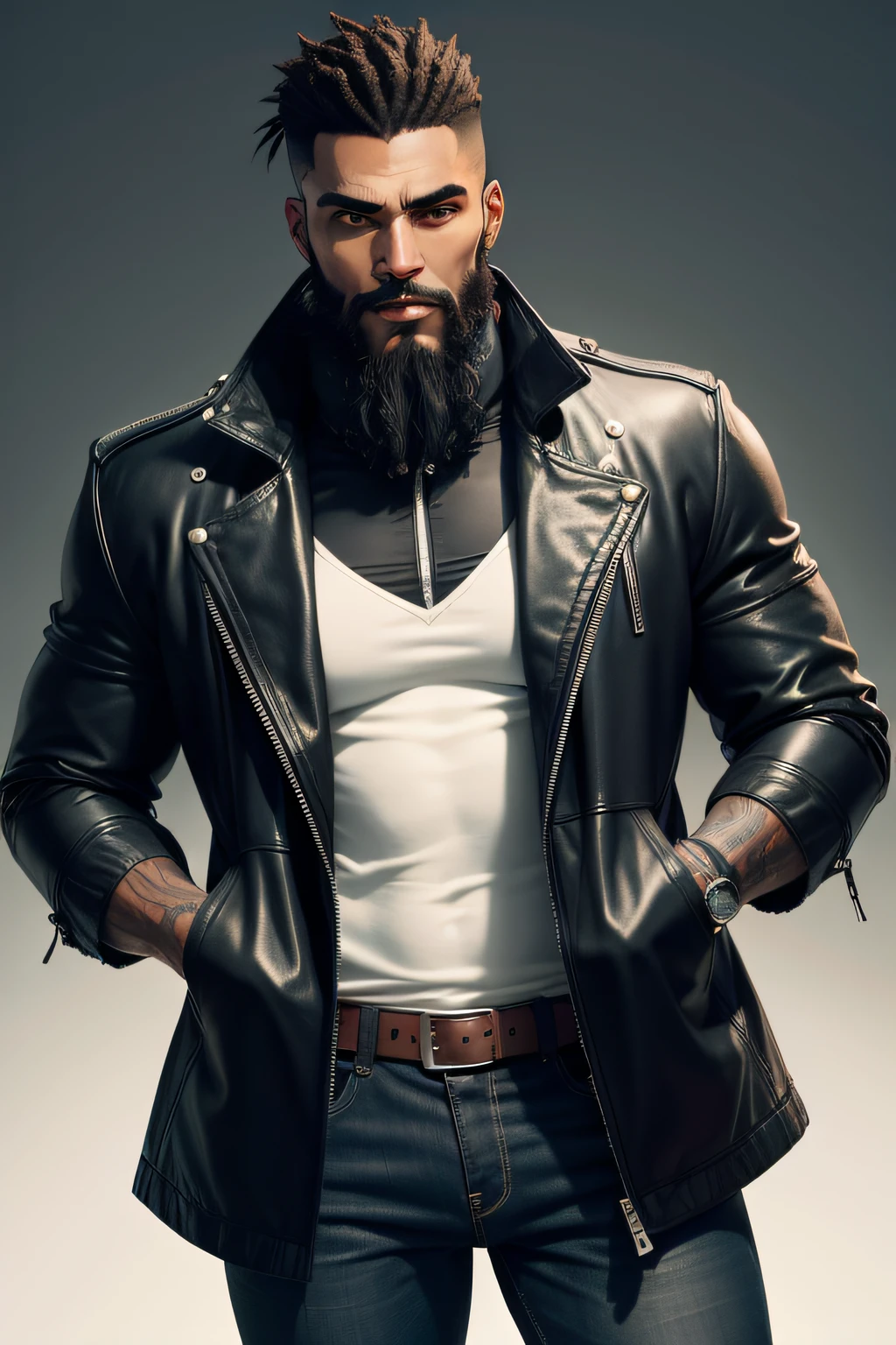 homem negro com jaqueta em couro barba grande 2D