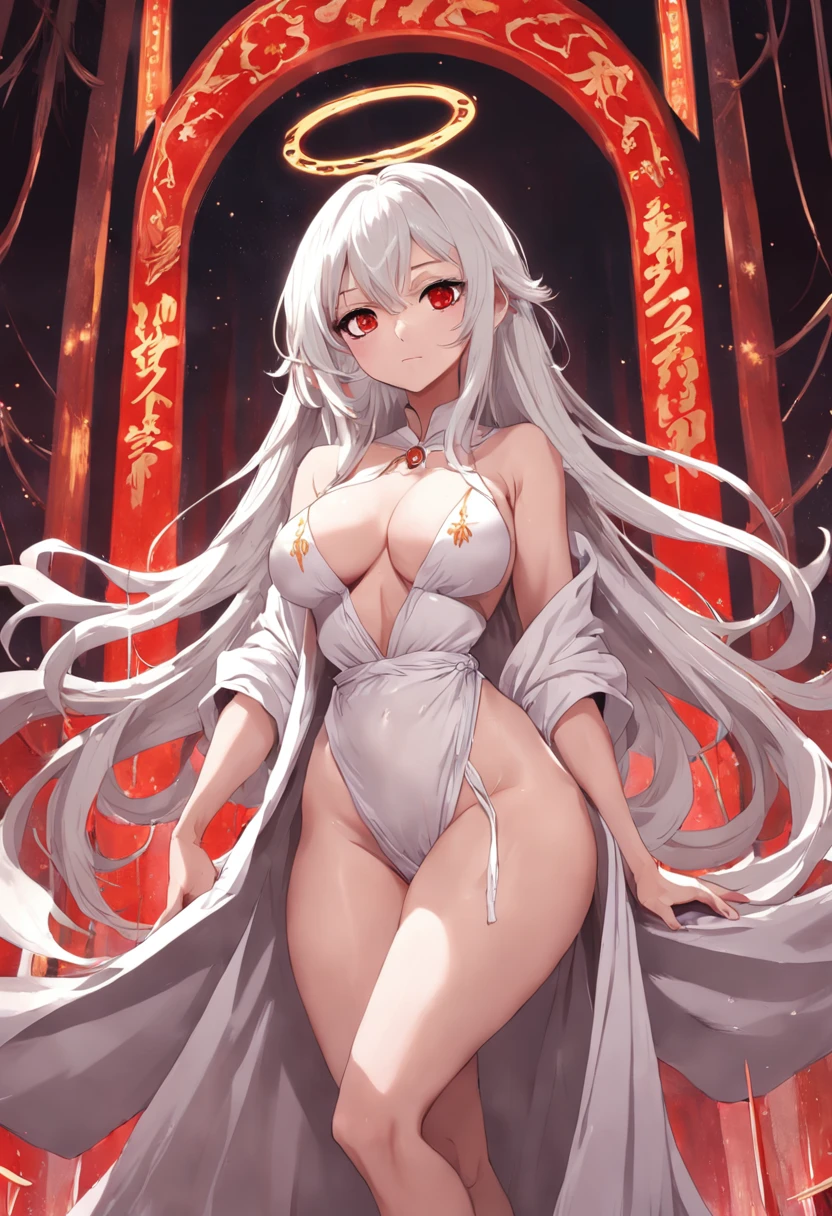 masterpiece, highest quality, 1 woman, mature, mother goddess, hips, tall, white hair, red eyes, perfect proportions, gorgeous, solo, long hair, cleavage, long legs, silk dressing gown, bed, rigorous body structure, good-looking fingers