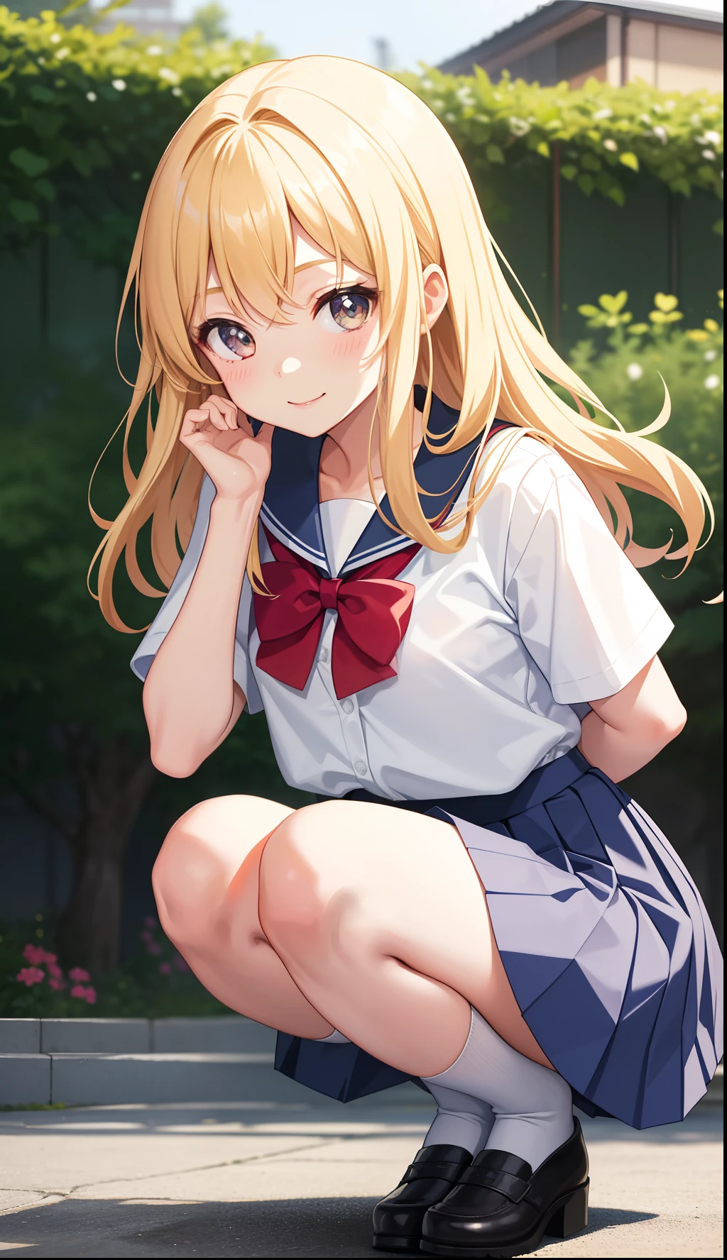 1girl in、A smile、The shirt、skirt by the、(small tits)Chilarism、Japan High School Student Uniform、serafuku、summer clothing、(Sheer Bra)、Upper body portrait、blonde hair、Dynamism!!Running with the wind、Squatting panchira、Plaid skirt、
