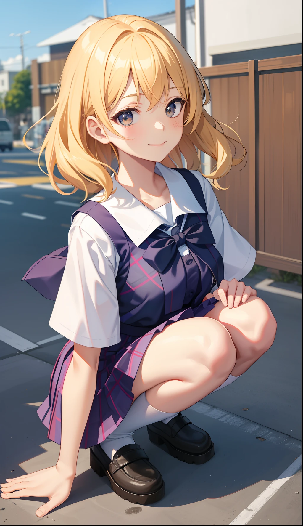 1girl in、A smile、The shirt、skirt by the、(small tits)Chilarism、Japan High School Student Uniform、serafuku、summer clothing、(Sheer Bra)、Upper body portrait、blonde hair、Dynamism!!Running with the wind、Squatting panchira、Plaid skirt、