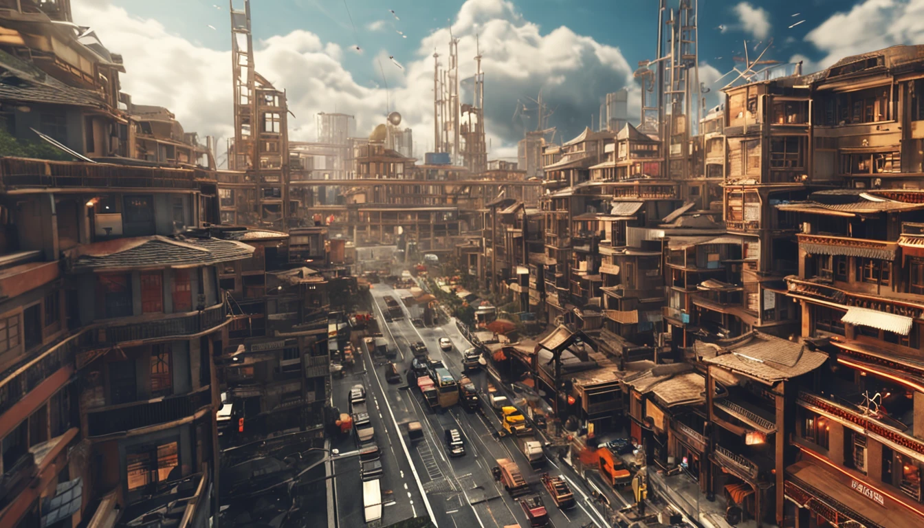 Highest image quality,Exquisitely,sense of science and technology,In the middle of the road is a bus driving in a city of advanced civilization,Chinese lofts soar like clouds,The road is lined with fine wooden buildings,The sky is full of brilliant stars and fantastic stars,One by one, the aircraft flew in blue light。