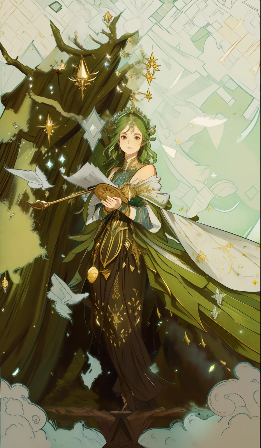 (((obra-prima))), melhor qualidade, ultra-detalhado, papel de parede CG unidade 8k extremamente detalhado, best illustration, (((mulher))), uma fada de cabelos verdes vestindo um vestido feito de folhas, olhos verdes, petals around, luz suave, luz solar filtrada, Magic Tom, Forest scenario, foco suave, atmosfera tranquila, obra de arte digna de conto de fadas.