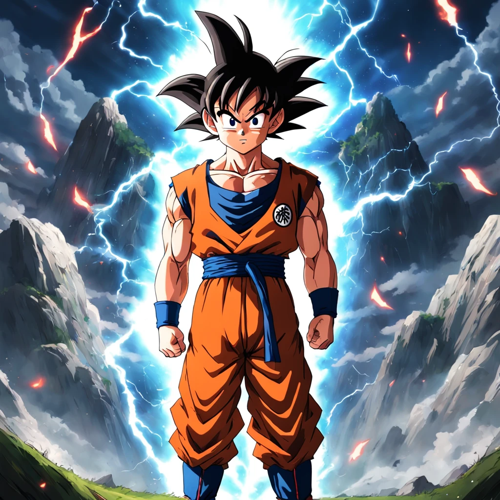 goku com instito superiror andnado na grama chovendo