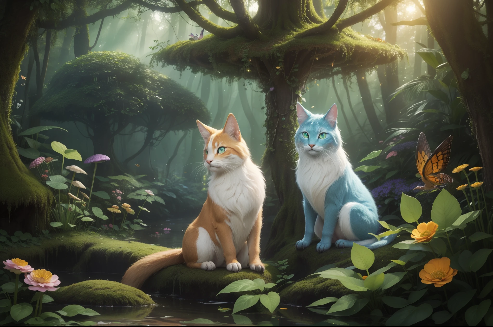 ((photorealistic lighting, superlative, 8K, Masterpiece: 1.3))In the quirky area known as the 'Enchanted Hollows',It is inhabited by a magical race called ''Feywhiskers'.. It's a small, Sprite-like beings are decorated with pastel-colored fur that shimmers in the light, It is reminiscent of a subtly shining gemstone.. Their eyes, Large and round, Reflecting the colors of the season, It changes from bright green in spring to warm orange in autumn..
Nestled inside a towering mushroom and delicate florist, Feywhiskers live in harmony with the natural world. They have a unique ability to communicate with animals through musical melodies, And the creatures of the forest often gather to listen to their enchanting songs.
Capturing the image of a young Faywisker, Perched on dewy leaves,, Surrounded by a chorus of birds and forest creatures. Their little, The delicate wings sparkle with a myriad of colors, Like the spectrum of the rainbow. A crown of leaves and flowers adorns the head, It symbolizes their connection to the lush territory in which they live.
Your task is to depict this scene, The mischievous and quirky nature of the Feywhiskers is evident, And their ability to bring harmony to the creatures of the forest creates a sense of wonder and magic. (A highly detailed, Realistis, masterpiece, Crazy quality, Film Photography)