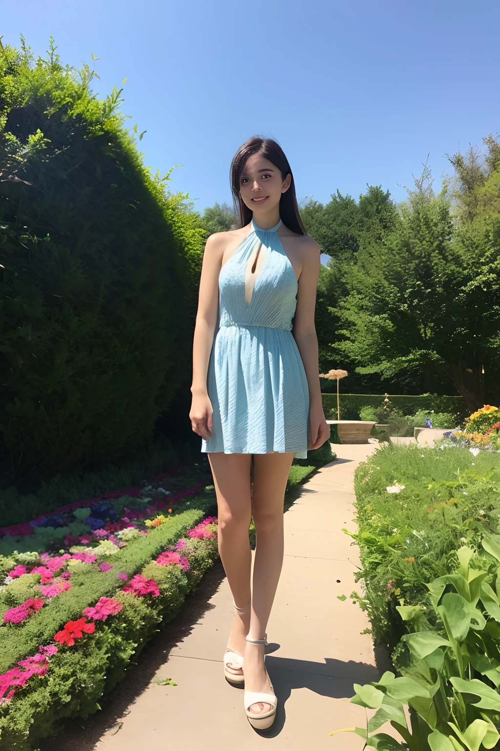 Young woman,, flower halter dress, cleavage, Garden landscape design, (rim-light),Hot figure,Superskirt