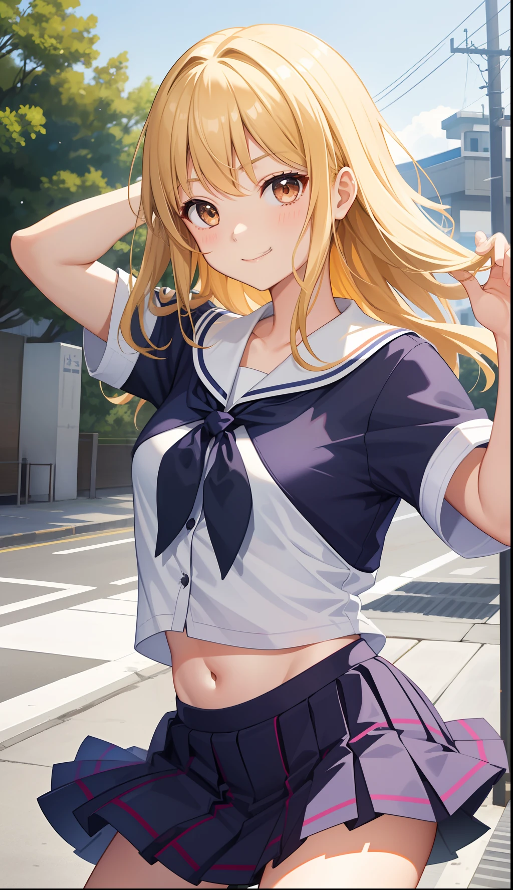 1girl in、A smile、The shirt、skirt by the、(small tits)Chilarism、Japan High School Student Uniform、serafuku、summer clothing、(Sheer Bra)、Upper body portrait、blonde hair、Dynamism!!Running with the wind、Squatting panchira、Plaid skirt、