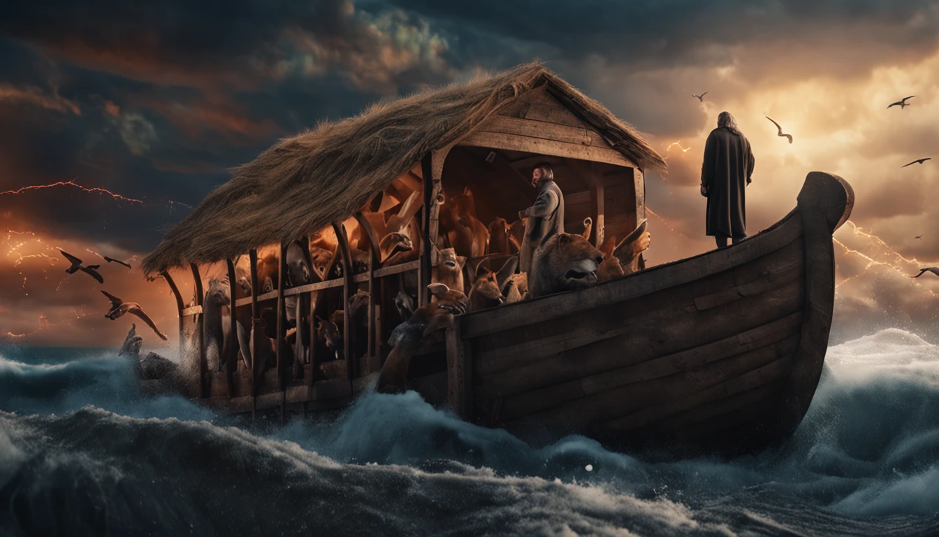 closeup on Noah next to the ark, Dark sky and many animals around the ark, ultrarrealista |