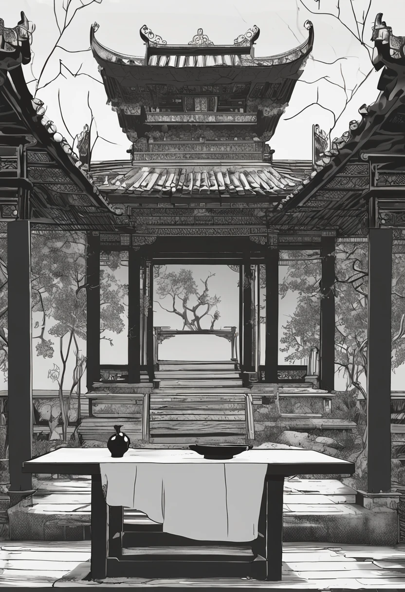In an ancient, dilapidated Taoist temple, amidst a silent ambiance, an old table stands at the center. The table's surface emits a faint and eerie glow, resembling the flicker of ethereal light in the darkness. This glow not only outlines the table's form but also casts an elusive radiance that shrouds the entire temple.

Within this enigmatic radiance, the table's surface seems to harbor an ancient power. Suddenly, the midst of the light begins to take shape, gradually forming the silhouette of a woman. She wears attire reminiscent of antiquity, her visage half-visible, as if separated by the curtain of time. However, the most chilling aspect is the several shadowy tendrils extending from her body, resembling vines of darkness, writhing and extending.

Seated before the table, there lies a desiccated, emaciated corpse, its hollow eyes projecting an air of lifeless gray. This cadaver appears to be connected to the woman by the tendrils, as if an uncanny convergence of life and death. With every contraction and extension of the tendrils, it's as if something is being drawn from the lifeless body within, causing it to further wither, and the last traces of life to be drained away.

The entire scene is saturated with an ancient and eerie atmosphere, as if immersed in a realm straddling the border between fantasy and terror. This tableau seemingly unveils an arcane ritual or a cryptic ceremony, compelling one to delve into the enigma it presents.