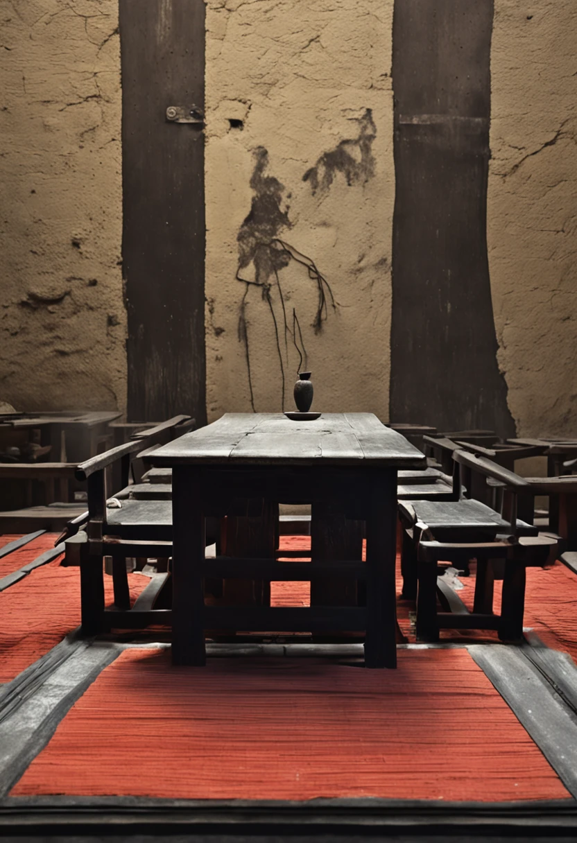 In an ancient, dilapidated Taoist temple, amidst a silent ambiance, an old table stands at the center. The table's surface emits a faint and eerie glow, resembling the flicker of ethereal light in the darkness. This glow not only outlines the table's form but also casts an elusive radiance that shrouds the entire temple.

Within this enigmatic radiance, the table's surface seems to harbor an ancient power. Suddenly, the midst of the light begins to take shape, gradually forming the silhouette of a woman. She wears attire reminiscent of antiquity, her visage half-visible, as if separated by the curtain of time. However, the most chilling aspect is the several shadowy tendrils extending from her body, resembling vines of darkness, writhing and extending.

Seated before the table, there lies a desiccated, emaciated corpse, its hollow eyes projecting an air of lifeless gray. This cadaver appears to be connected to the woman by the tendrils, as if an uncanny convergence of life and death. With every contraction and extension of the tendrils, it's as if something is being drawn from the lifeless body within, causing it to further wither, and the last traces of life to be drained away.

The entire scene is saturated with an ancient and eerie atmosphere, as if immersed in a realm straddling the border between fantasy and terror. This tableau seemingly unveils an arcane ritual or a cryptic ceremony, compelling one to delve into the enigma it presents.