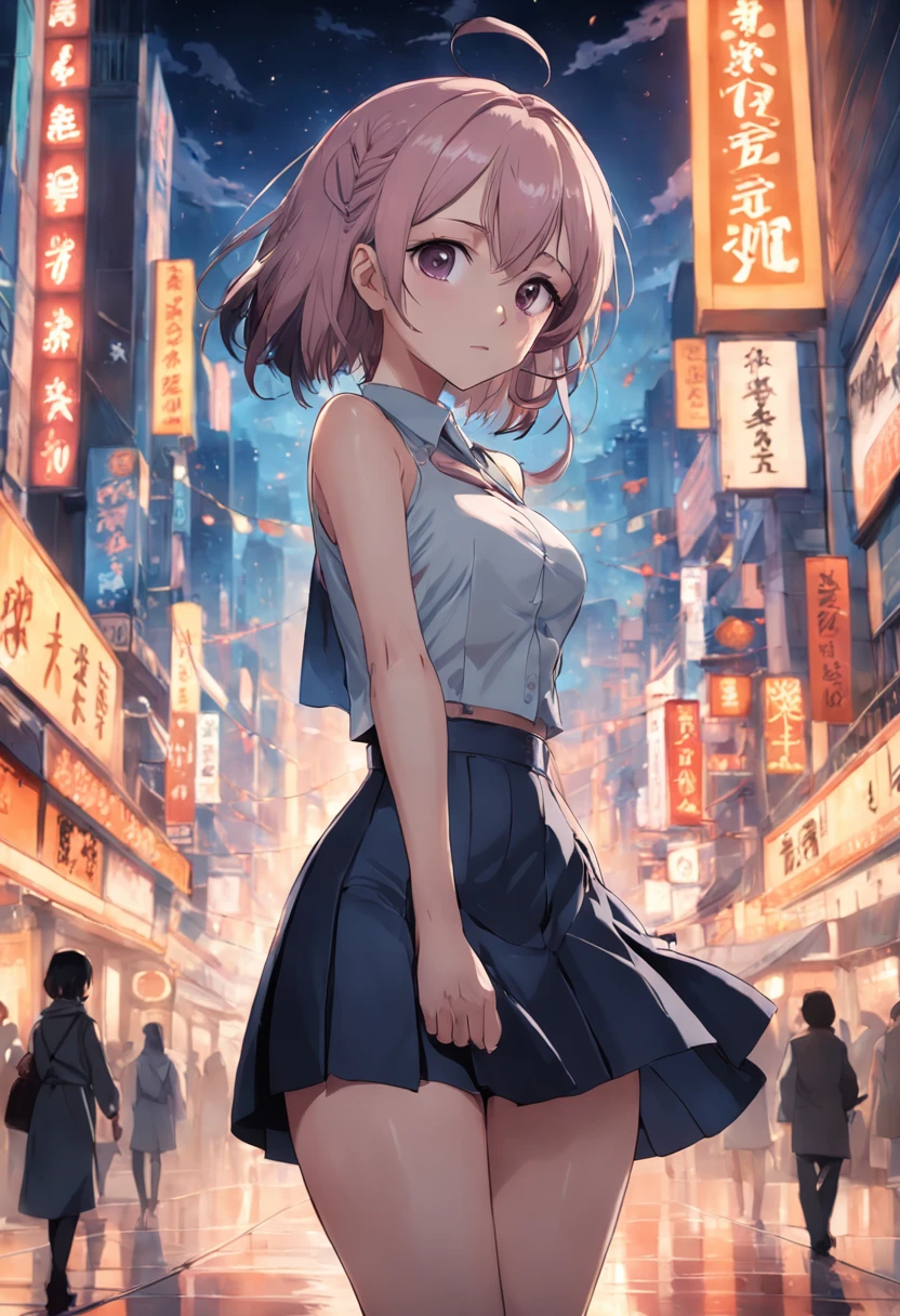 ((Best picture quality, 8K, tmasterpiece:1.3)), 1girll, Beautiful woman with slender abs:1.3, (Casual hairstyle, No leakage of big breasts:1.2), short skirt:1.1, Ultra-fine face, A detailed eye, 二重まぶた,ssmile,adolable,boobs exposed,tight-fitting,stocklings